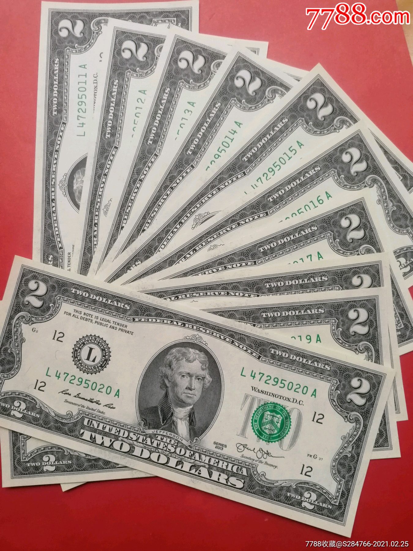 十张连号美国2美元
