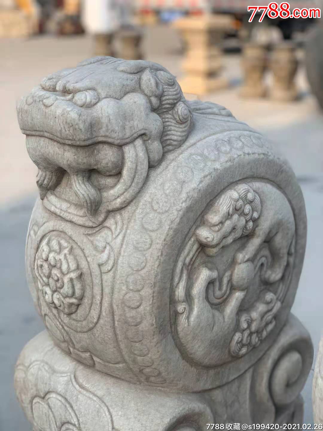 汉白玉狮子抱鼓石墩一对.雕刻狮子滚绣球,高浮雕,装修必备.