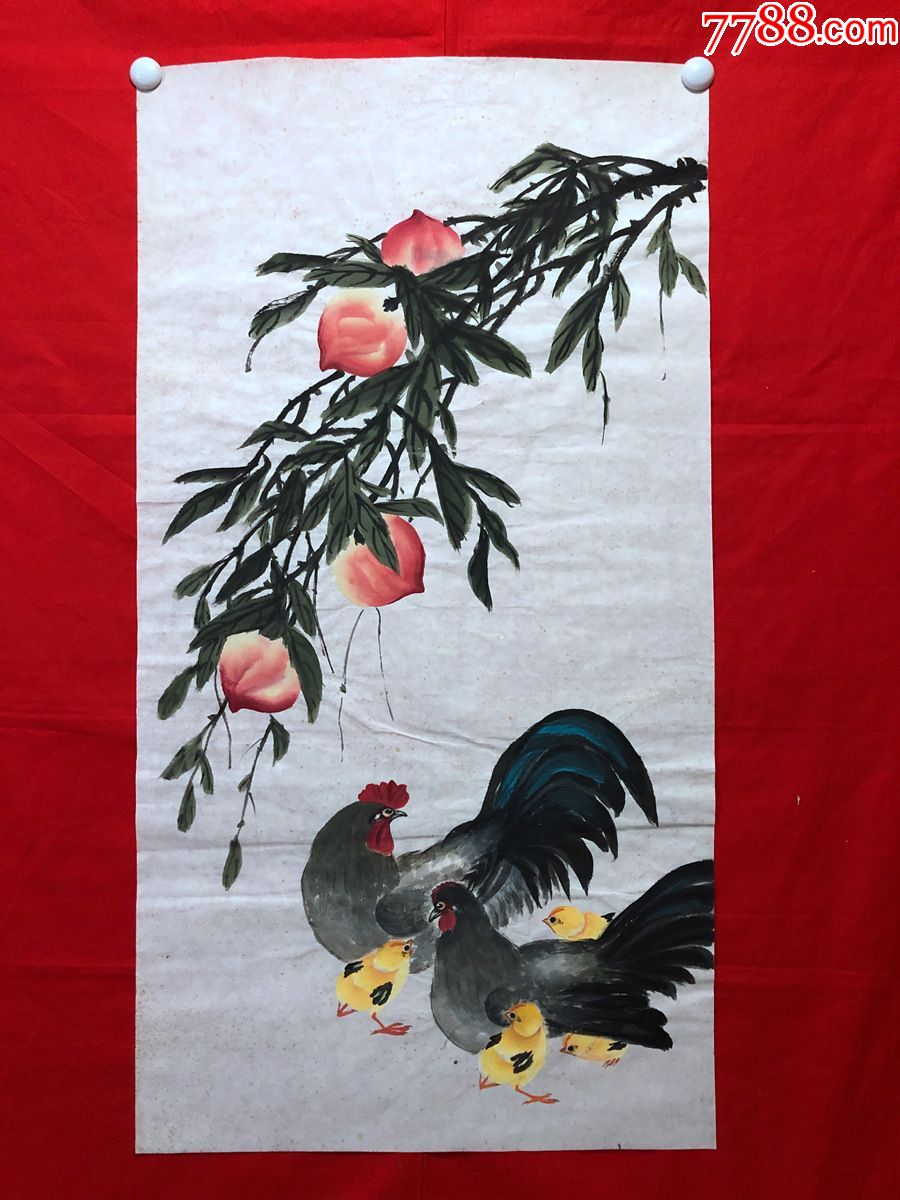 书画11350陈玉英无款花鸟画桃树和鸡