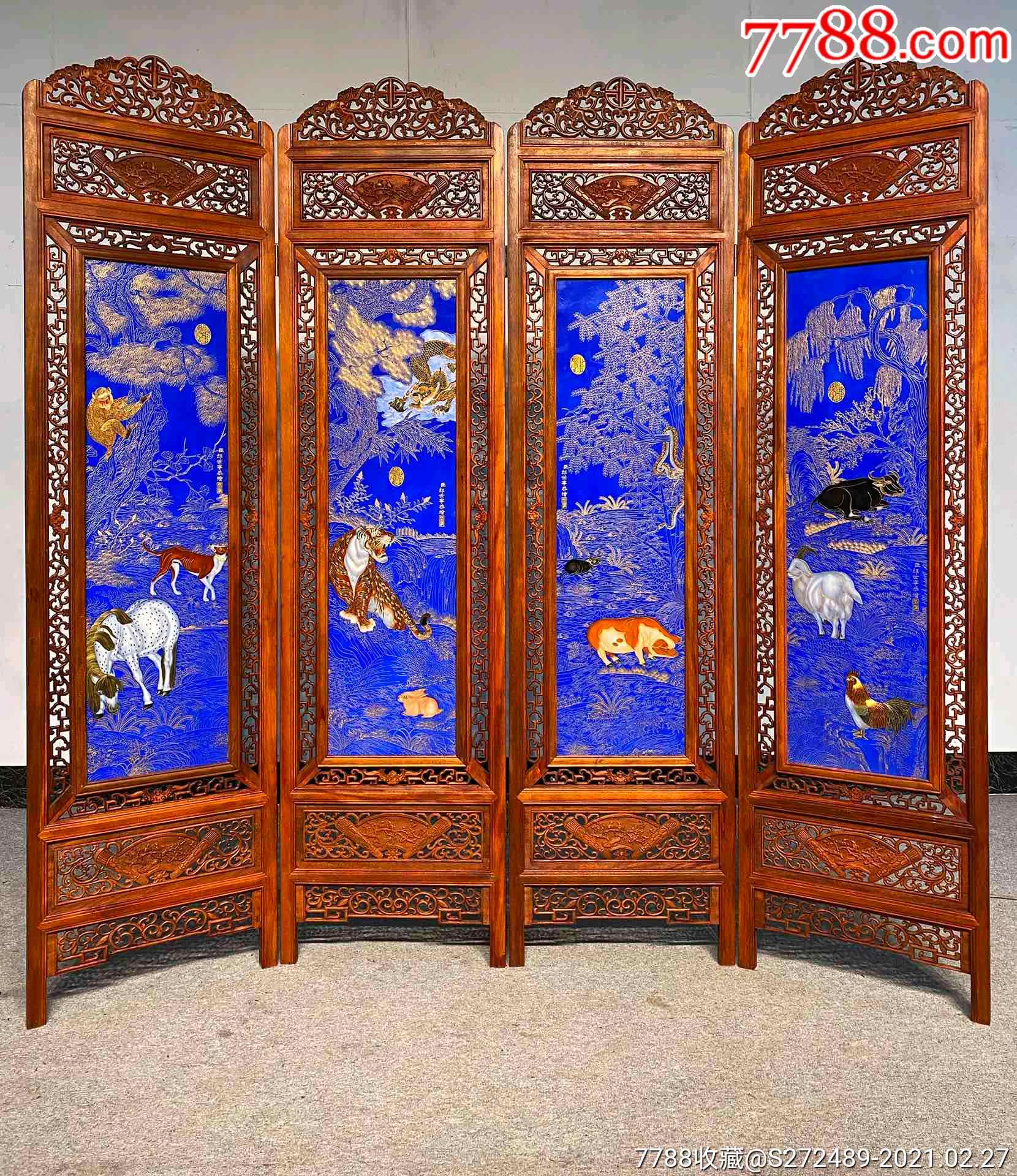老框镶瓷板画手绘珐琅掐丝十二生肖四折落地大屏风不议价