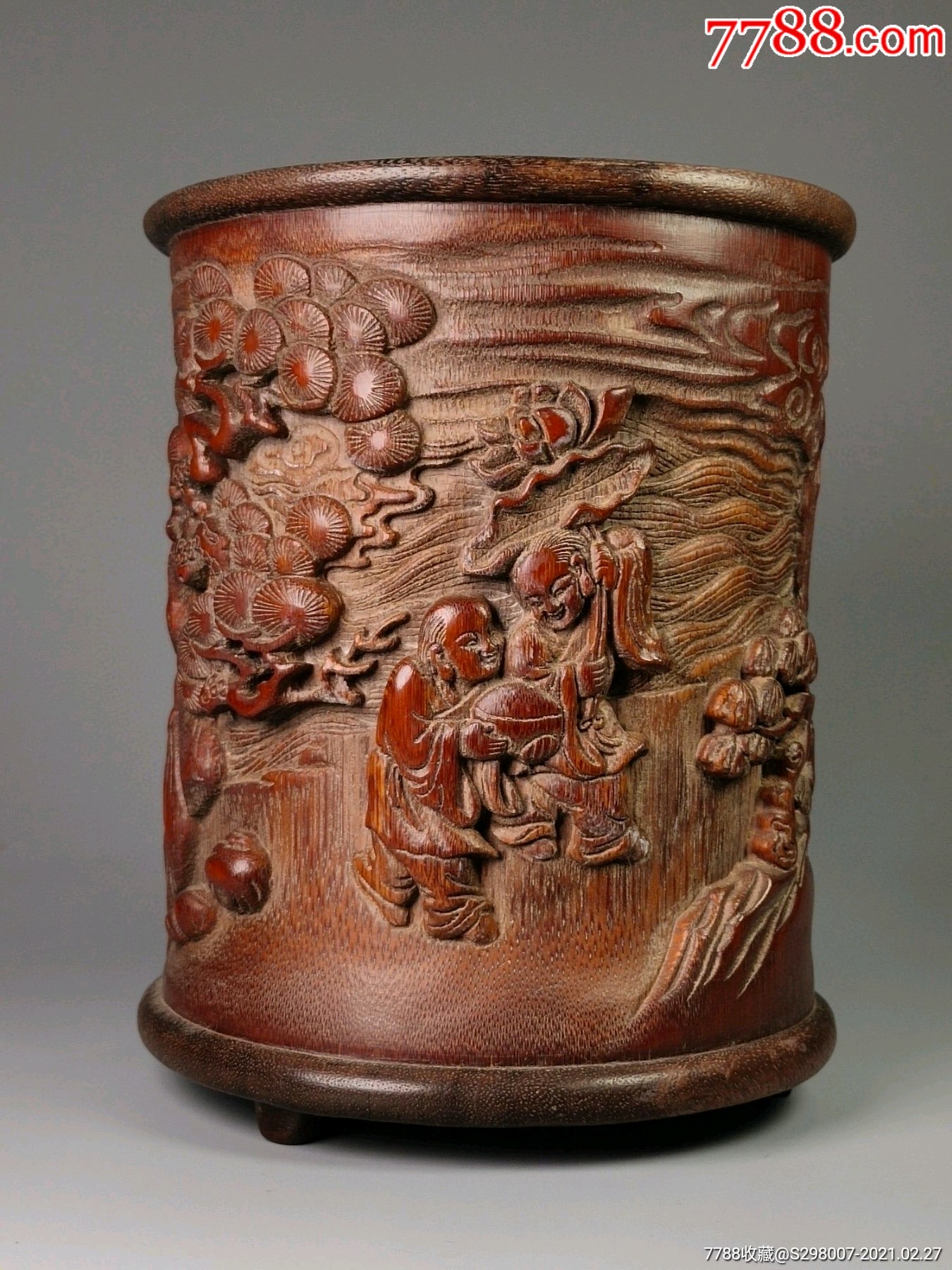 旧藏老竹雕手工高浮雕竹子笔筒