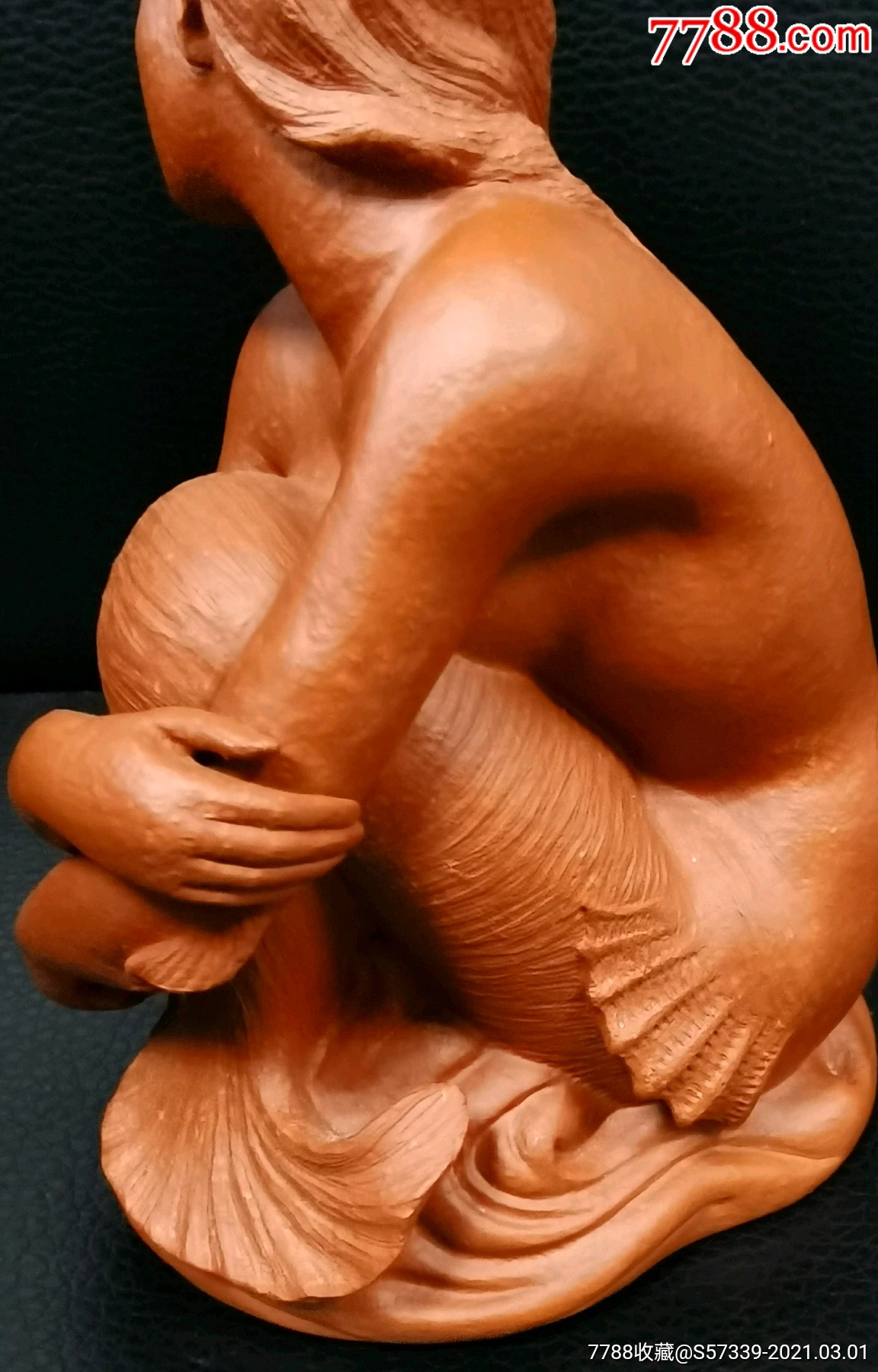 全手工紫砂雕塑:《拿海螺的美人鱼》原创作品,带证带盒.