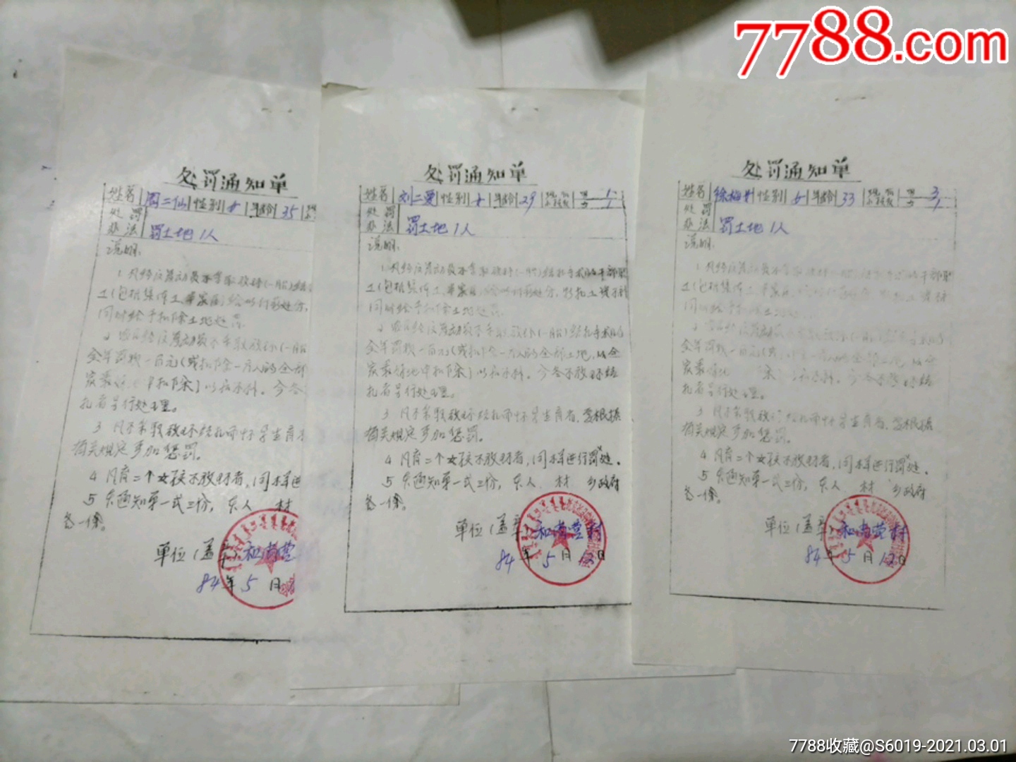 内蒙古托克托县,计划生育处罚通知单.3张