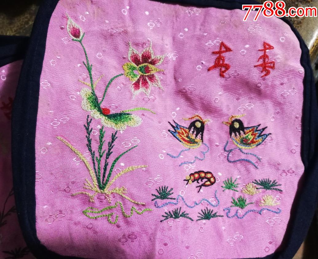 4號解放後期刺繡繡品繡片枕頭套枕頂革命青春梅花鹿鴛鴦圖案包老懷舊