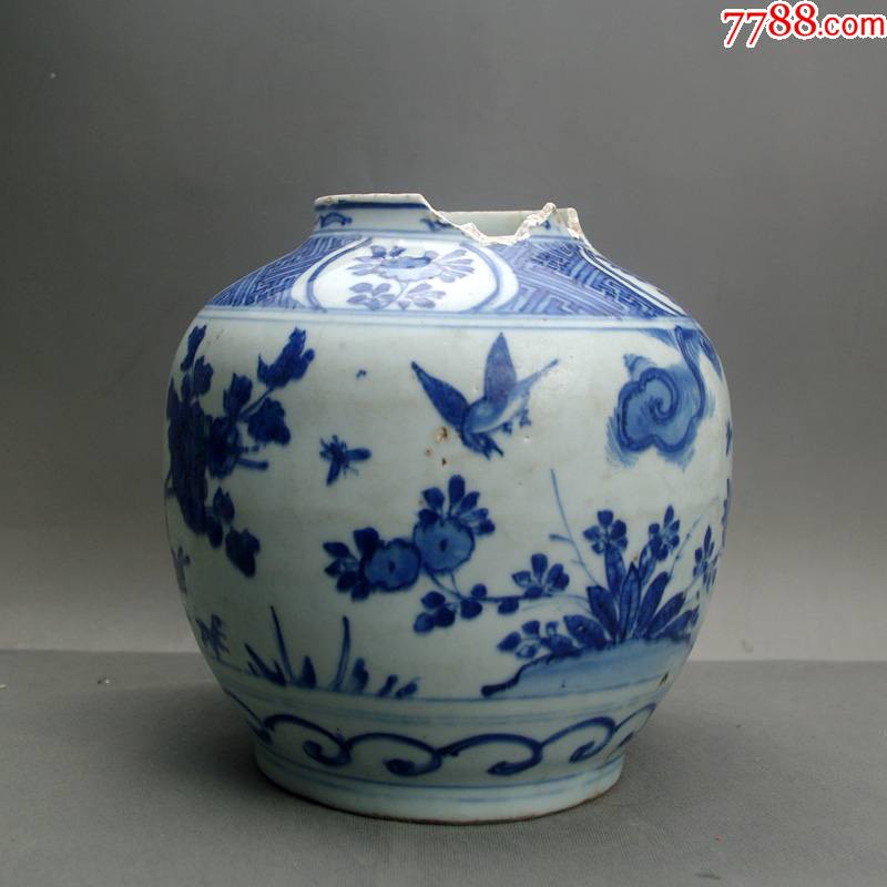 明代崇祯花鸟大罐景德镇明清老青花瓷古董收藏摆件