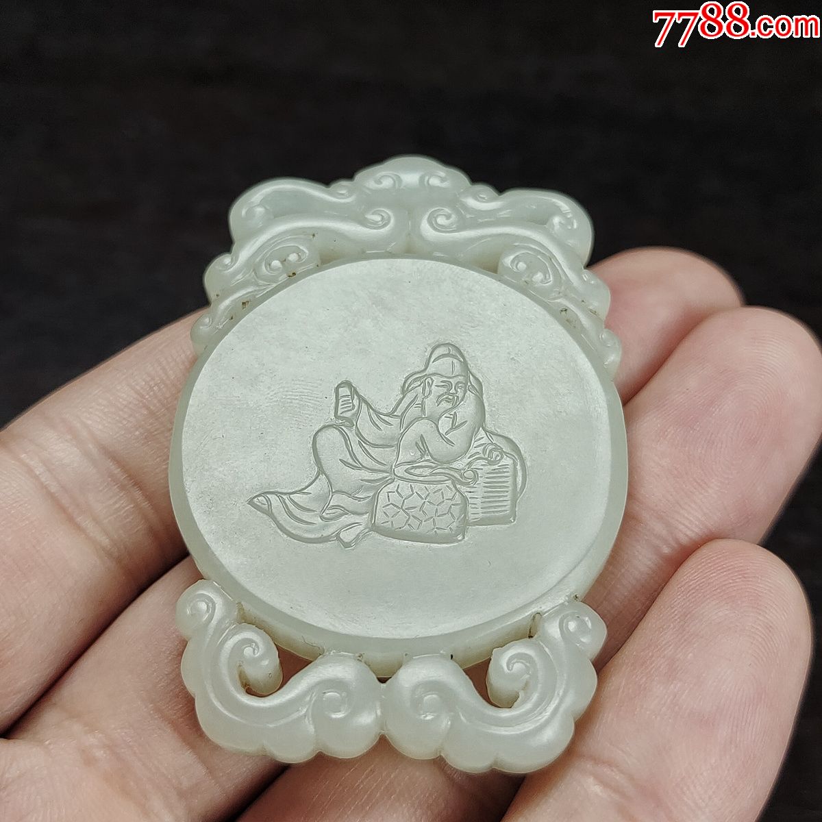 晚清和田玉白玉镂雕浮雕太白醉酒诗文牌牌子挂件古玉老玉收藏