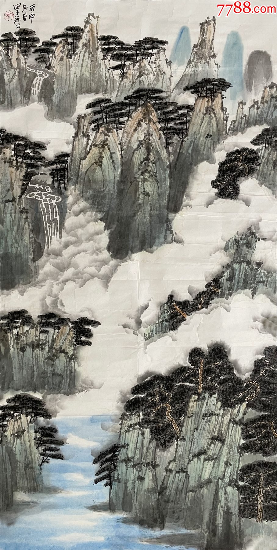 河北省美协会员三尺整张竖幅写意山水画1《白云绕山涧》_山水国画原作