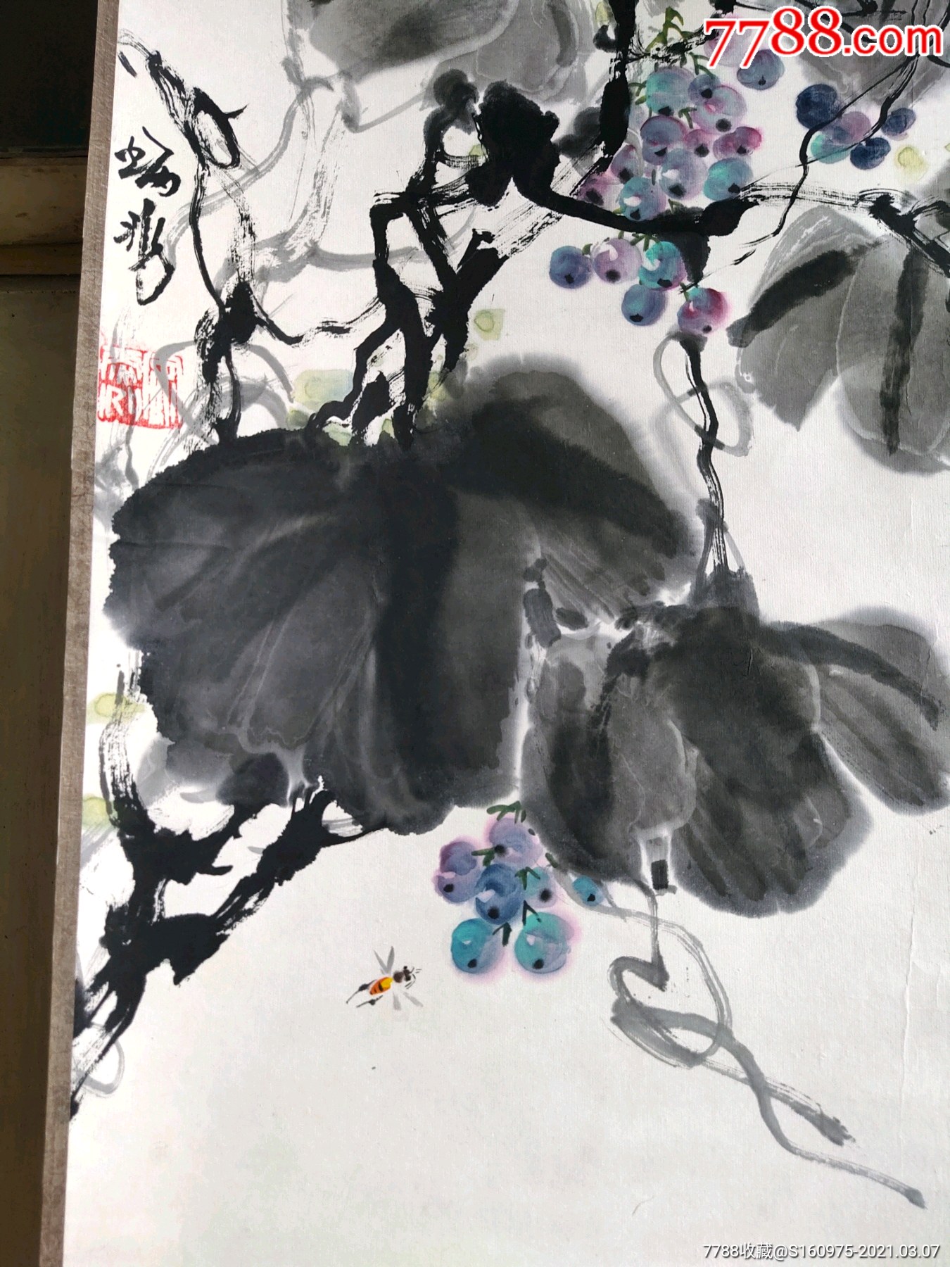 著名齐派画家安炳兆葡萄蜜蜂图轴,河北省美协会员,齐白石徒孙(师承