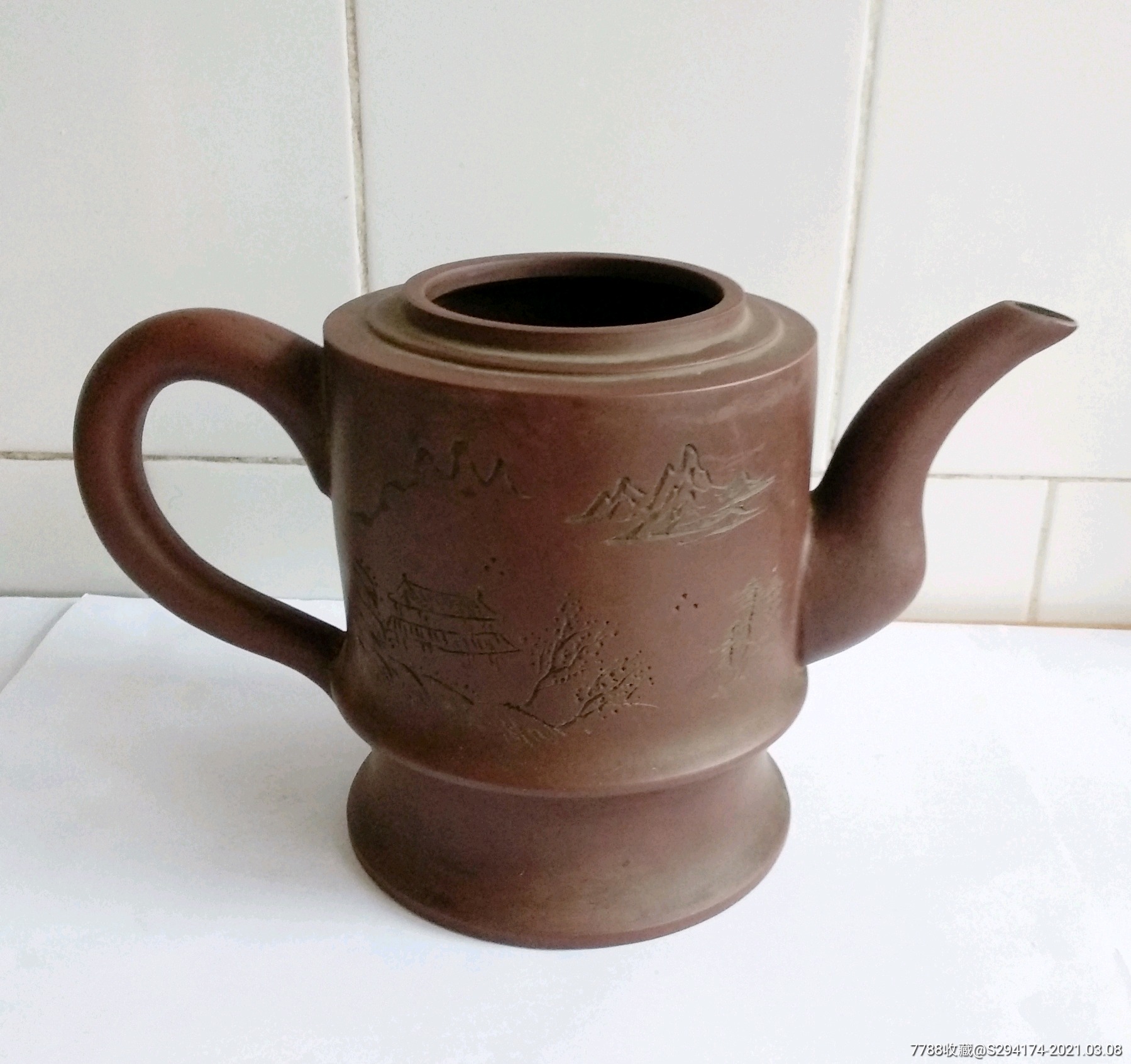 清刻山水文字紫砂执壶