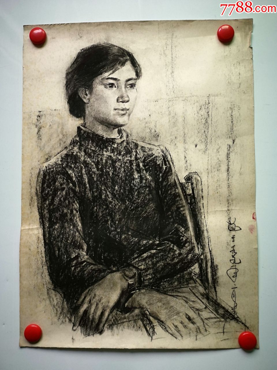 70年代末手绘素描速写画稿原稿《坐着的短发女青年肖像》(197202)