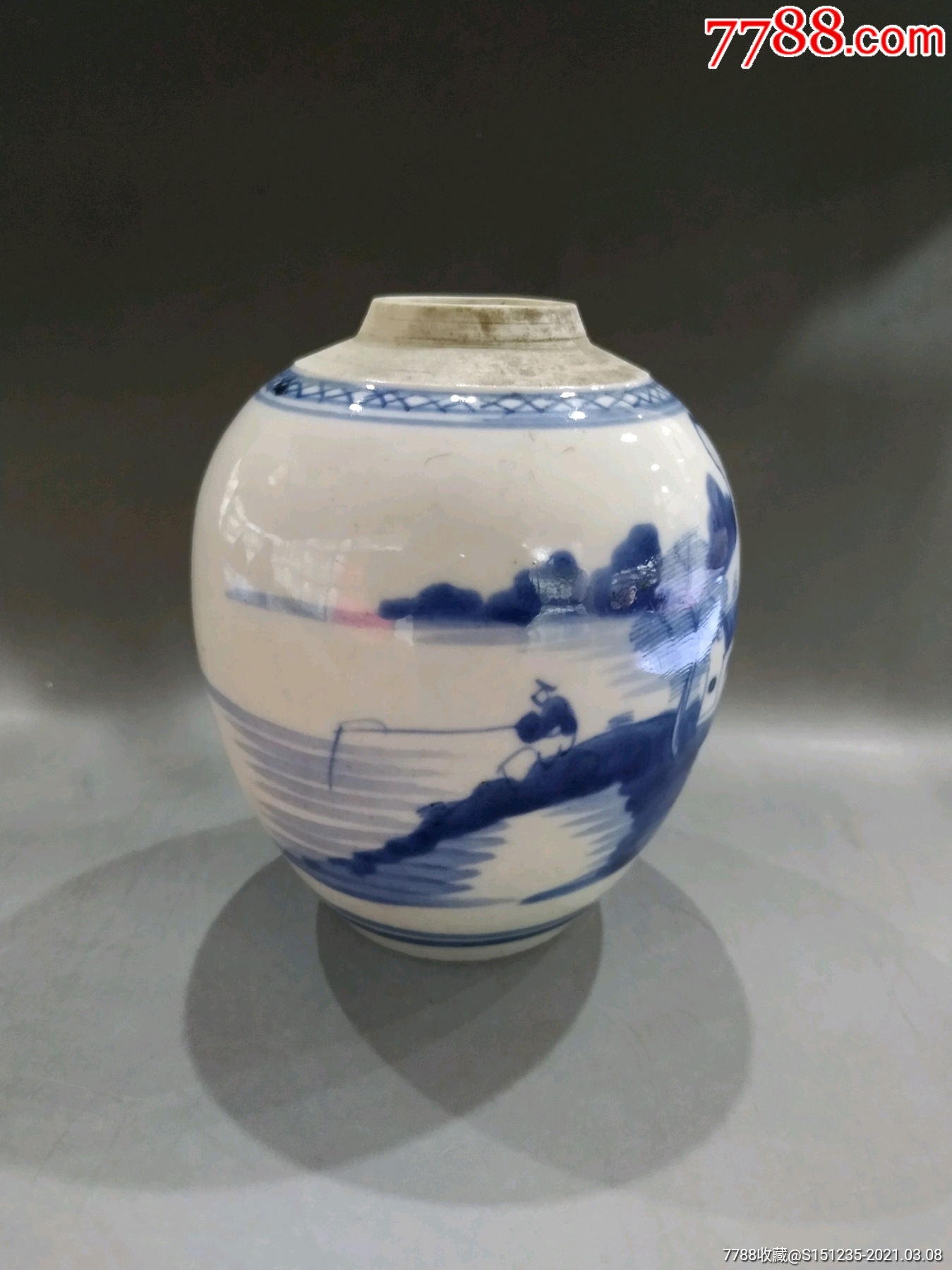 清乾隆青花山水人物茶叶罐一手抓画工细腻惜有冲线喜欢的朋友不要错过