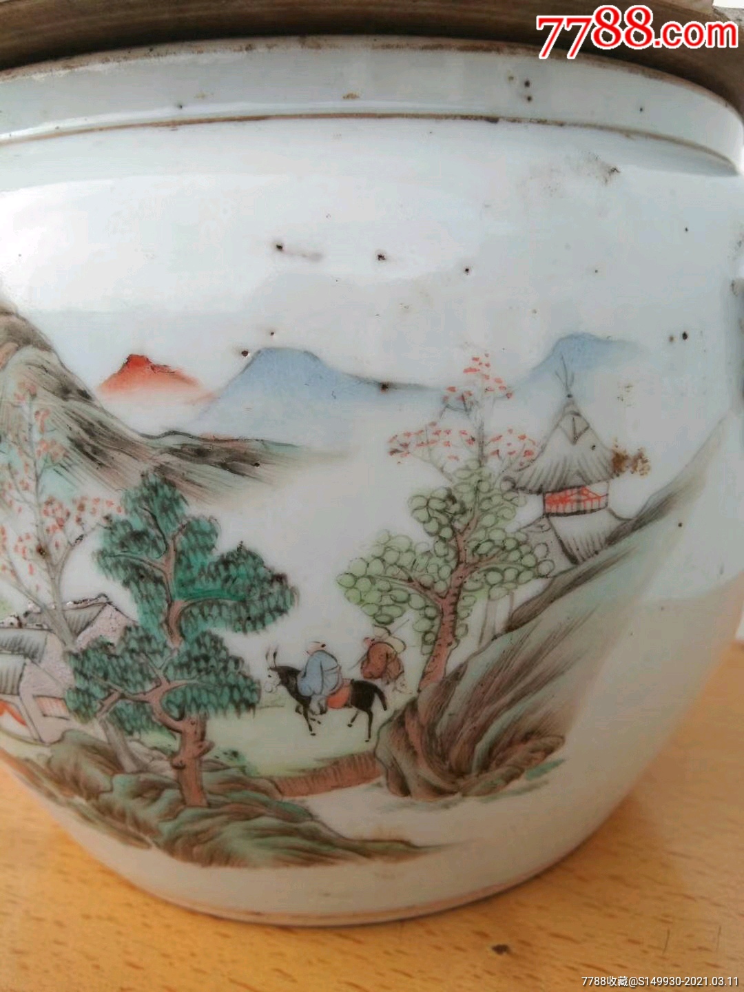 民国瓷绘名家谢福大仿元人笔意青绿山水四系瓷罐--《扁舟一棹归何处》