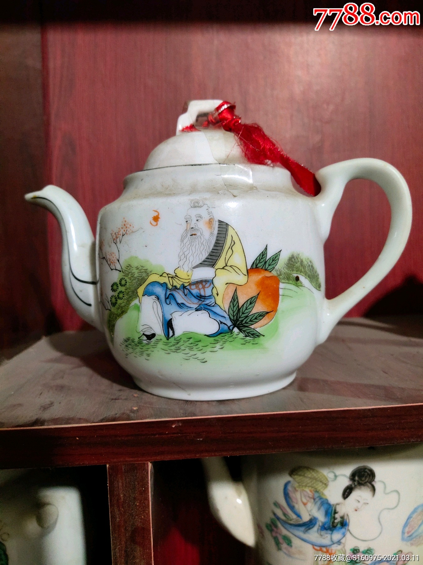 漂亮民国浅绛彩人物小茶壶,福寿图,15*6*12cm,全品