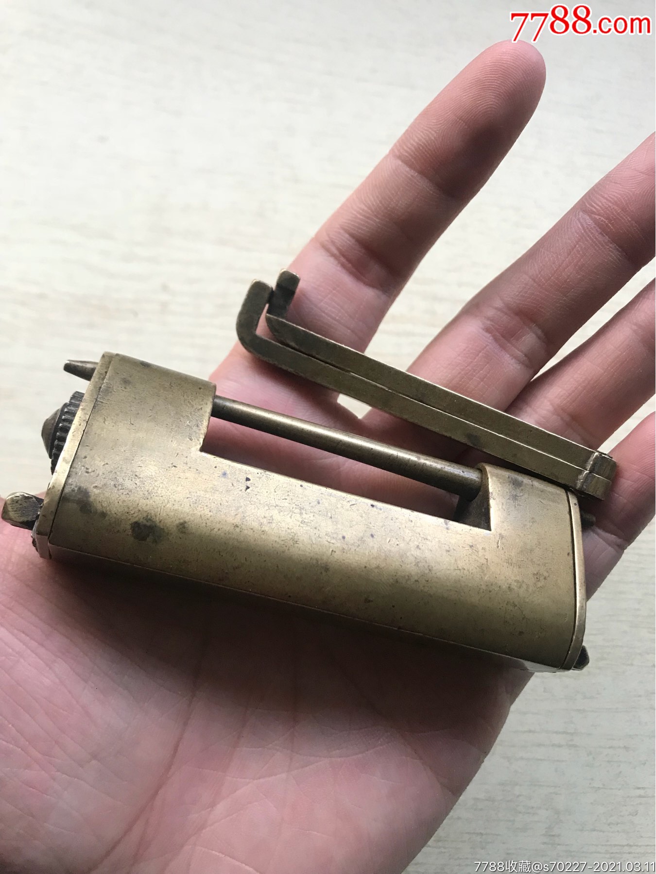 清代殷庆源款黄铜四开机关锁其中一片弹簧有老修其他完整开启自如