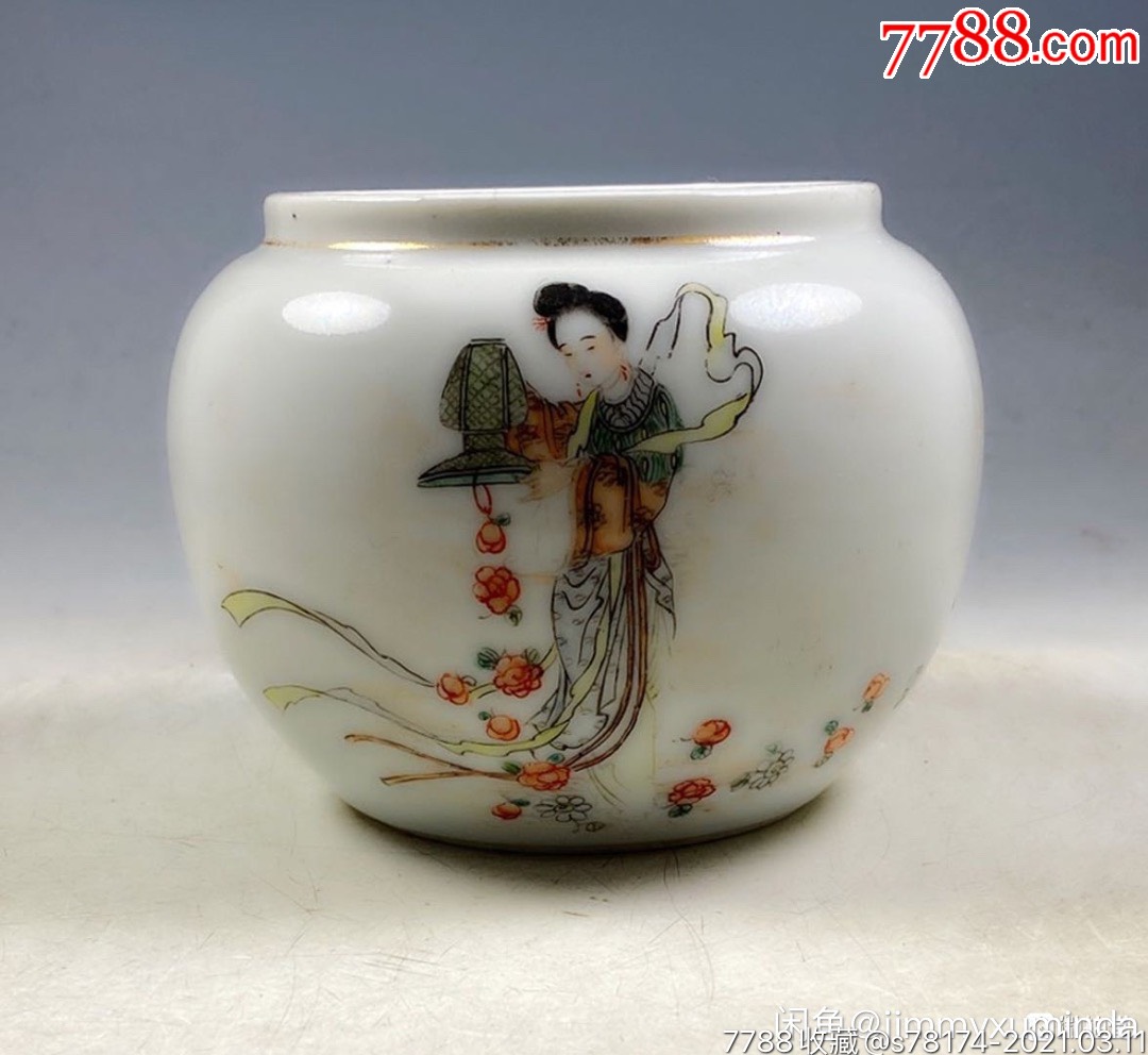 民国名家杨青山作品细瓷细路天女散花粉彩文房小洗缸全美品