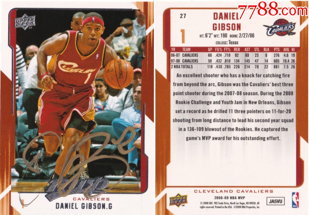 美国nba官方正品球星丹尼尔吉布森亲笔签名送礼佳品珍藏