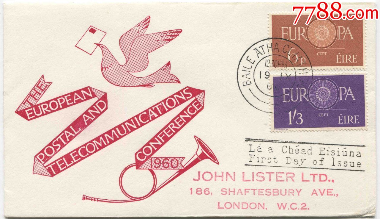 爱尔兰邮票1960年欧罗巴车轮鸽子邮政号角2全首日封实寄fdc-a
