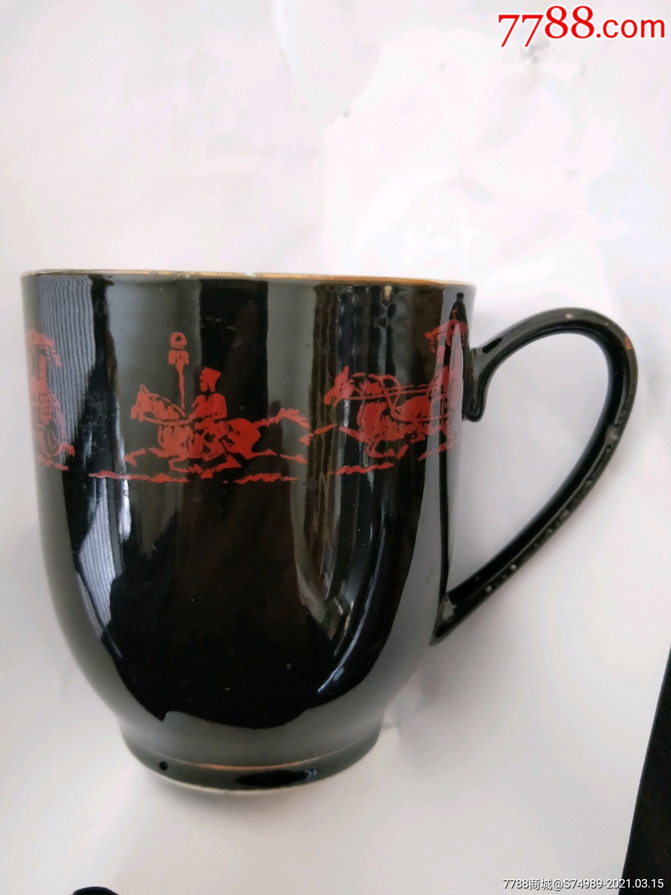 70年代宣化一瓷厂黑釉茶杯车马图驭手马车图