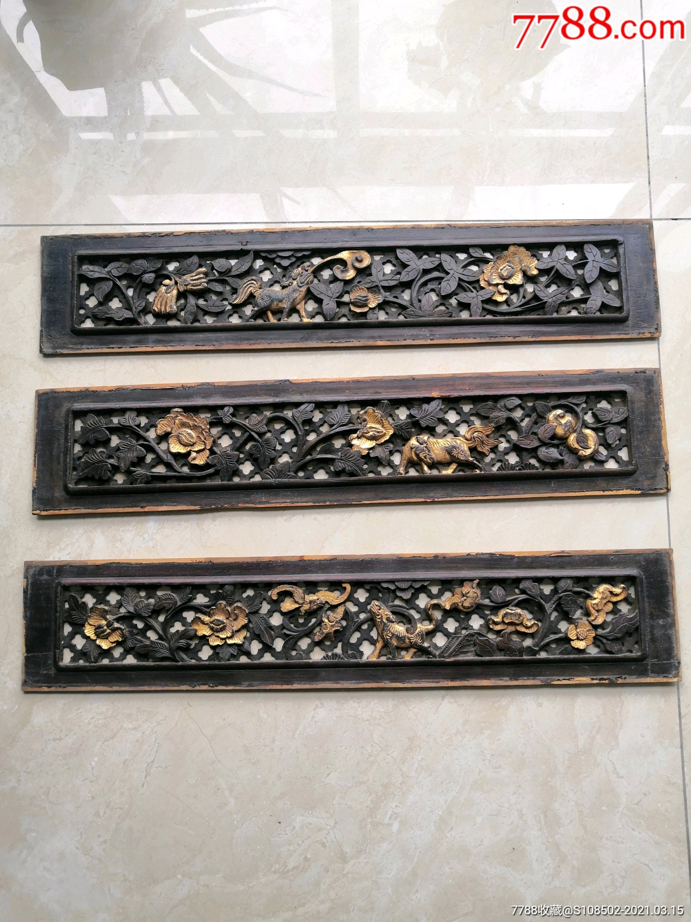 清代镂空雕花果瑞兽图花板一组-木雕花板-7788木艺