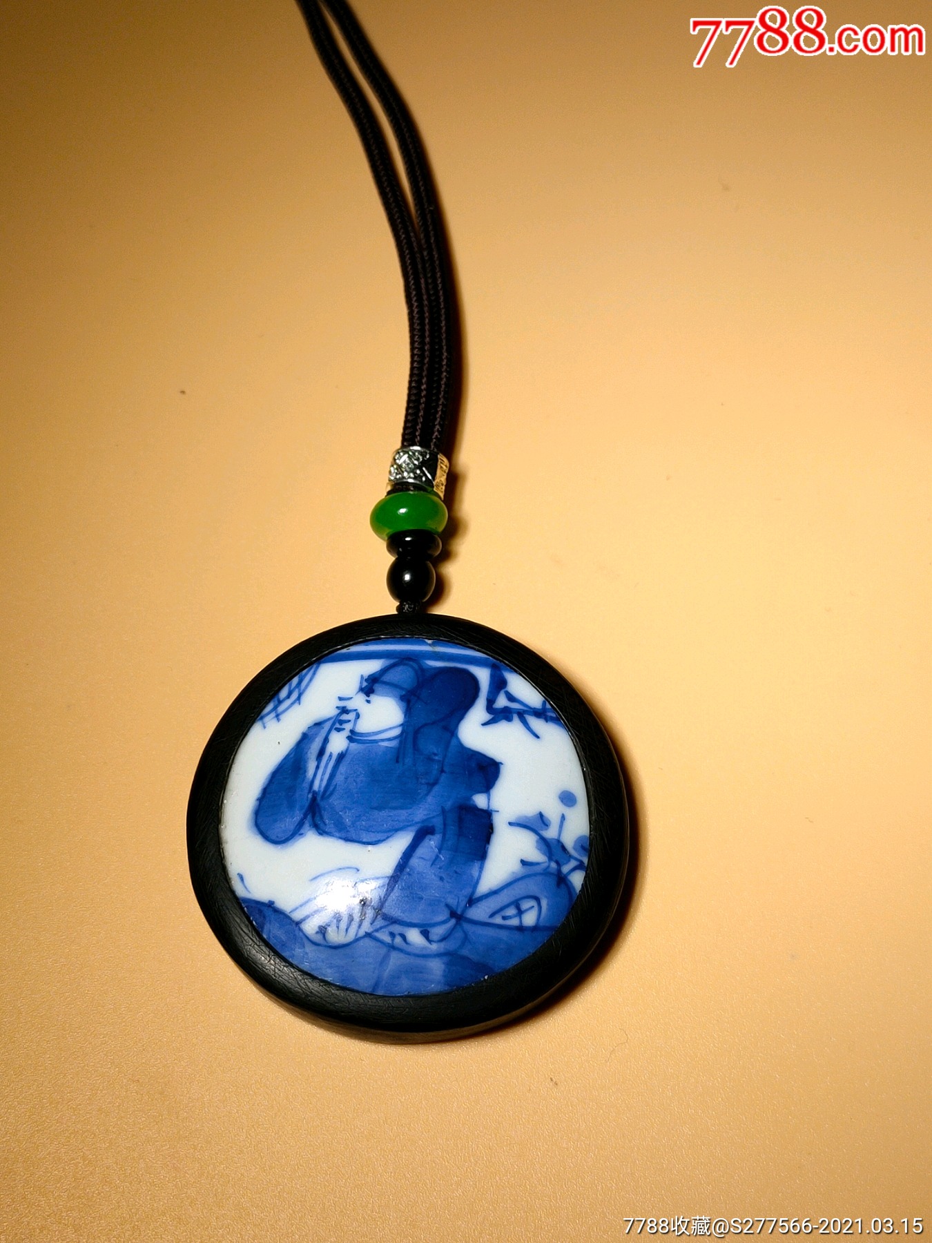 清代康熙青花福星高照图瓷片镶嵌黑檀木挂牌