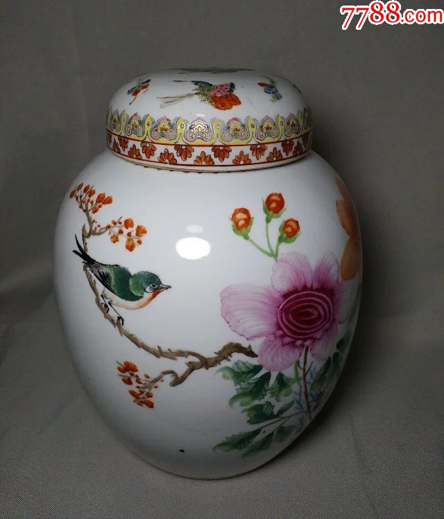 花鸟蝶诗纹粉彩大盖罐老瓷罐日用罐装饰罐茶叶罐花鸟罐蝶纹罐粉彩罐
