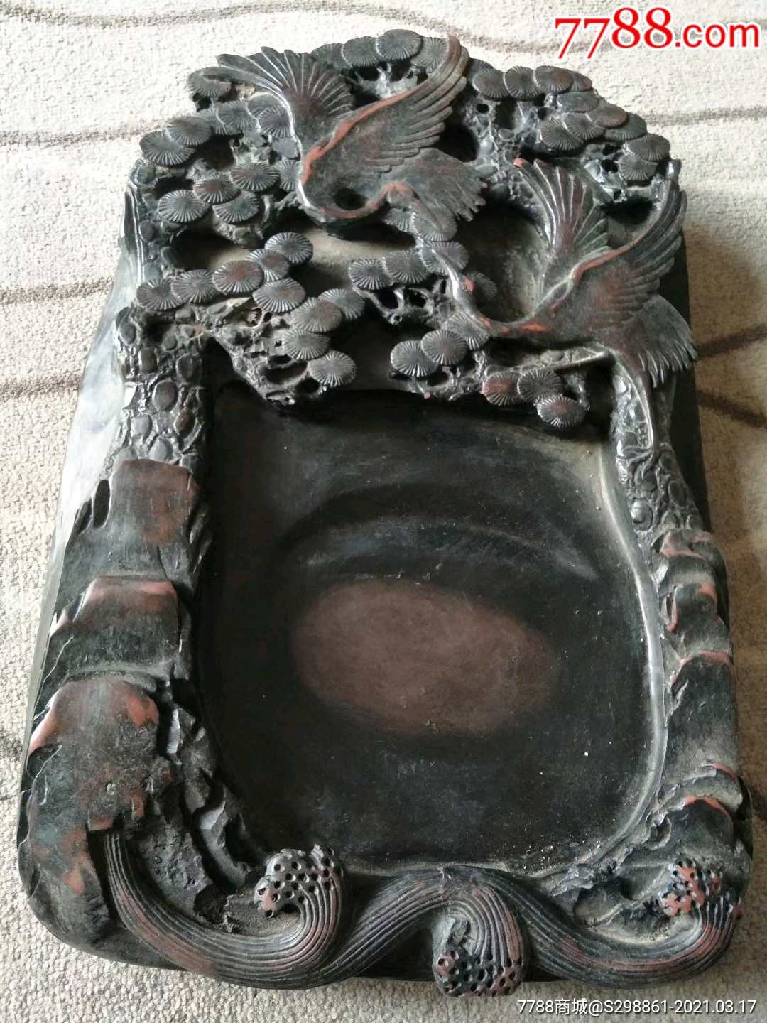 雕刻松鹤延年招财老砚台包浆浓厚保存完好无破损品相尺寸如图保真石