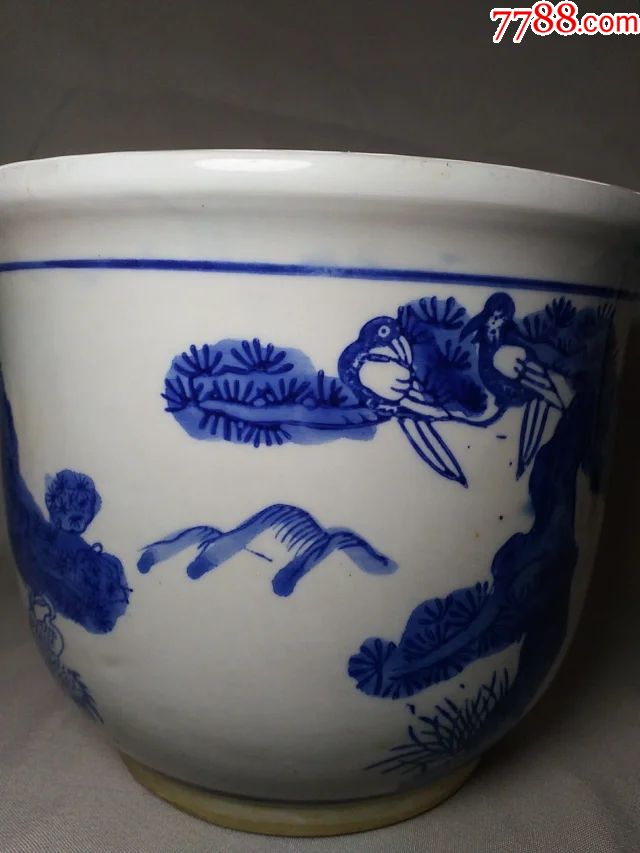 七十年代手绘双面青花松鹤鸟纹花盆老瓷盆松鹤纹花盆青花花盆飞禽鸟纹