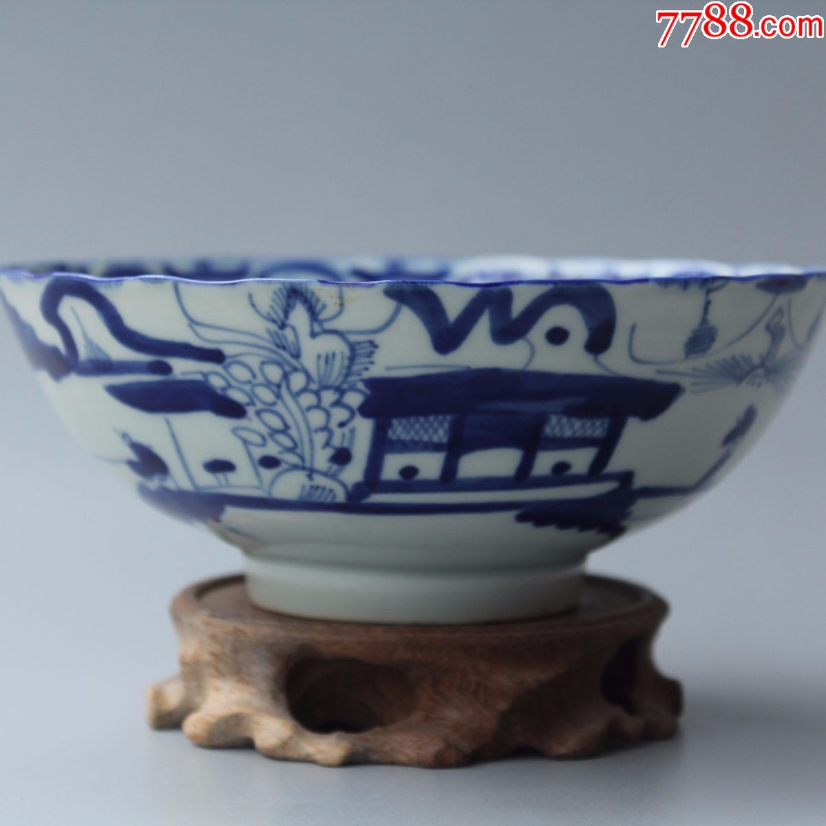 民国青花渔樵耕读団鹤花口碗包老_青花瓷_收藏价格_鉴定交易_7788瓷器