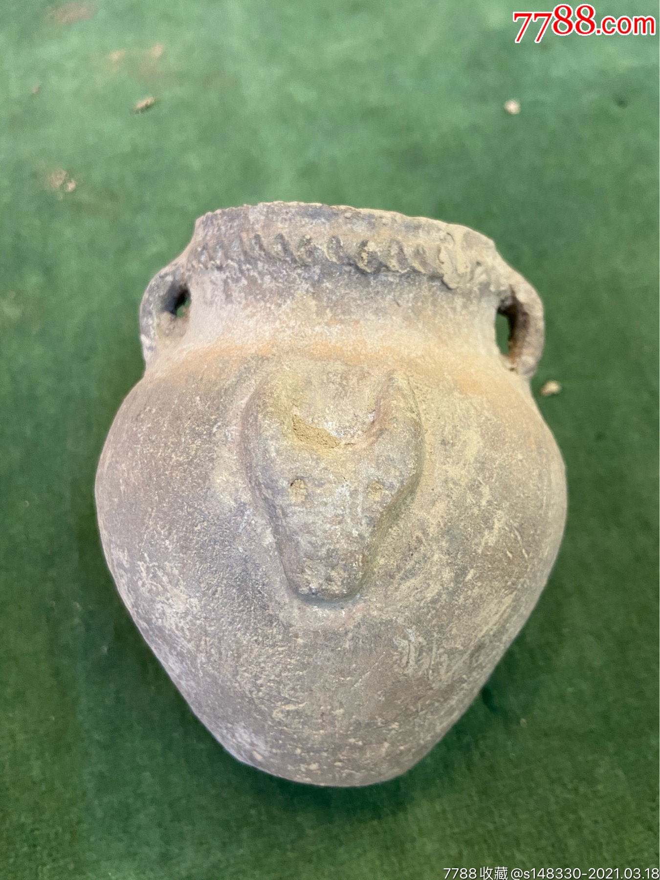 齐家文化双耳灰陶罐牛头纹古董古玩收藏