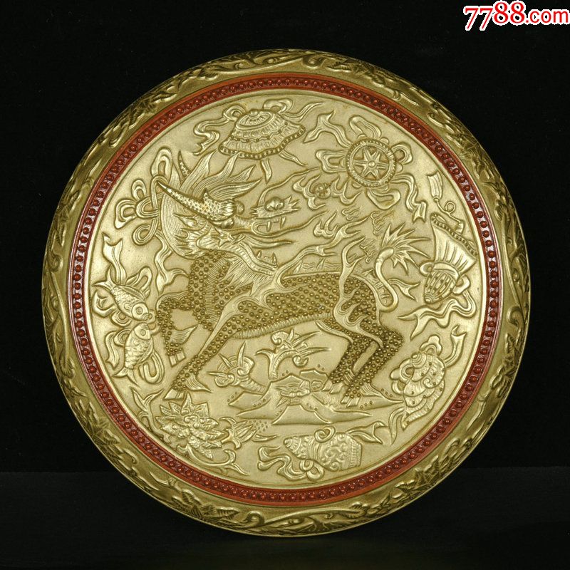 鎏金雕刻麒麟八宝纹粉盒(现代工艺品)高5.5厘米直径15厘米