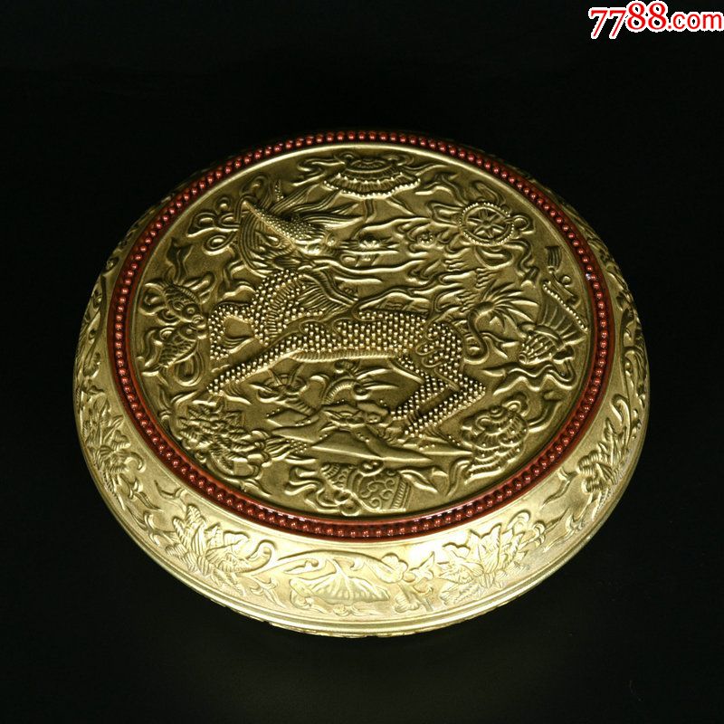 鎏金雕刻麒麟八宝纹粉盒(现代工艺品)高5.5厘米直径15厘米