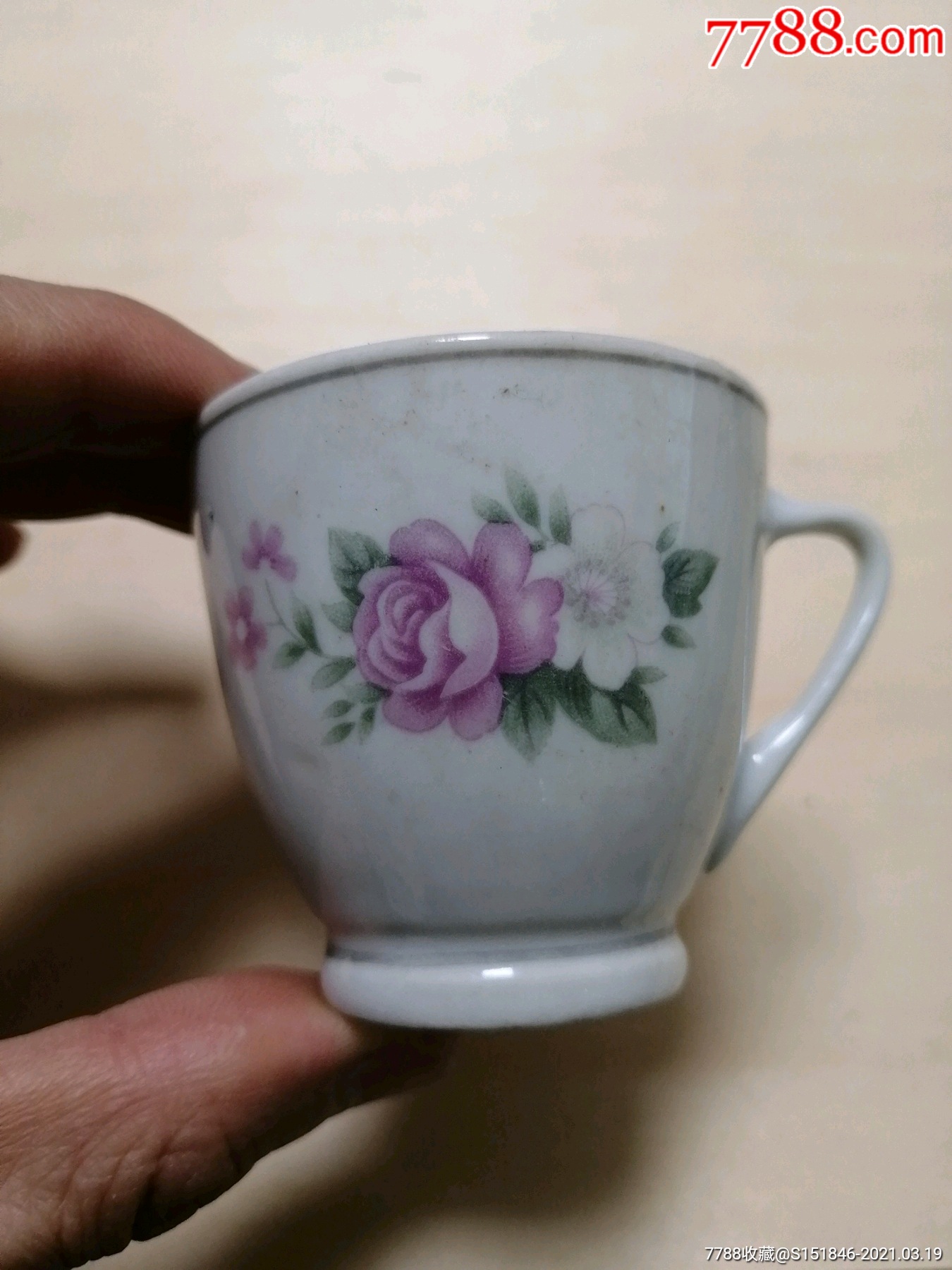 约七十年代湖南醴陵瓷中国醴陵中英文底款贴花月季花小酒杯