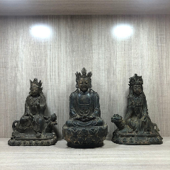 明代老佛像老铜佛传世青铜泥金加彩骑狮观音文殊菩萨古董老货古玩