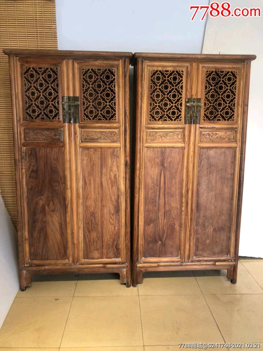 古董传世木器老家具海南黄花梨面条柜一对