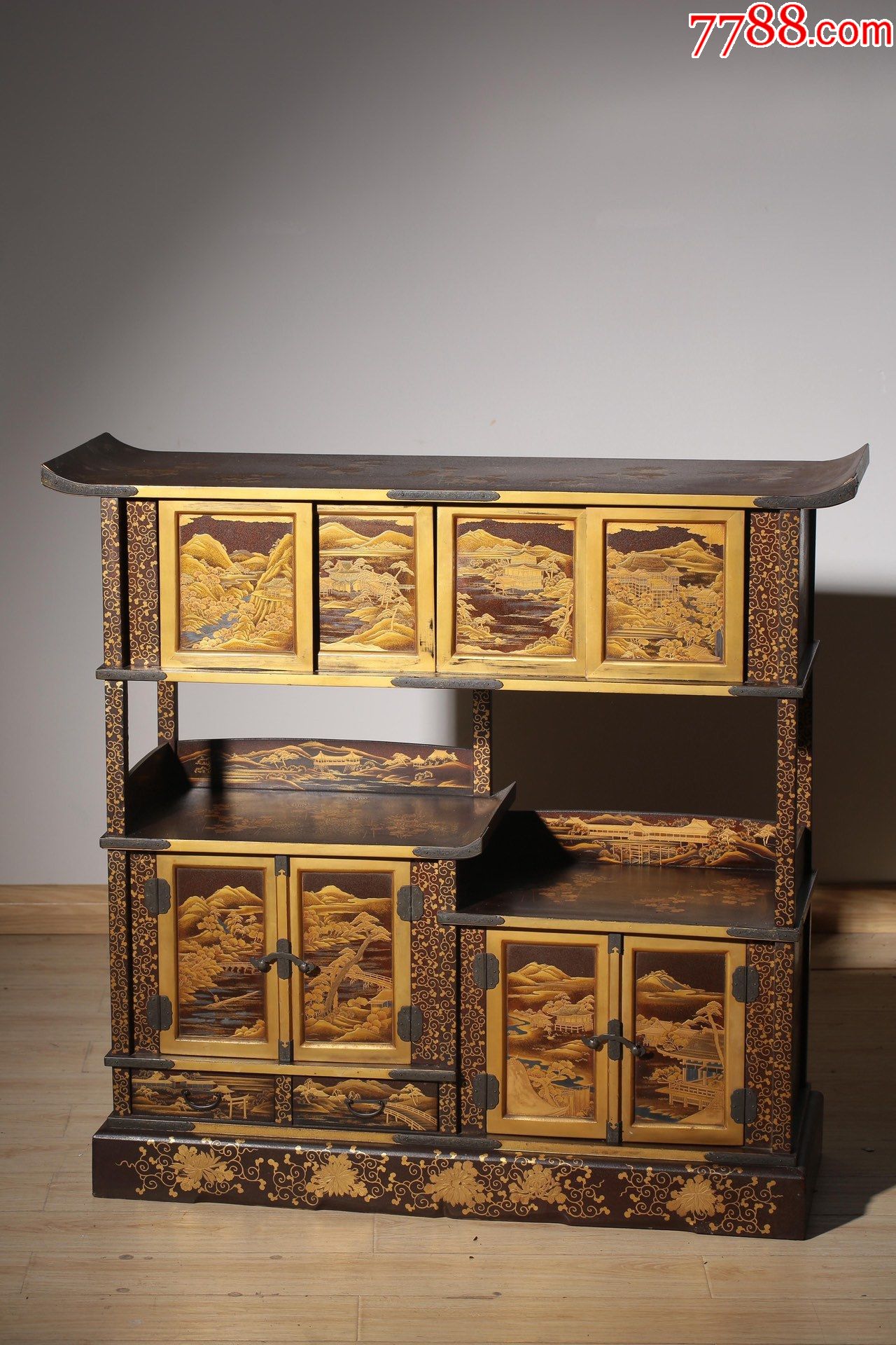 海外回流明治时期浮雕金漆描金嵌银茶棚