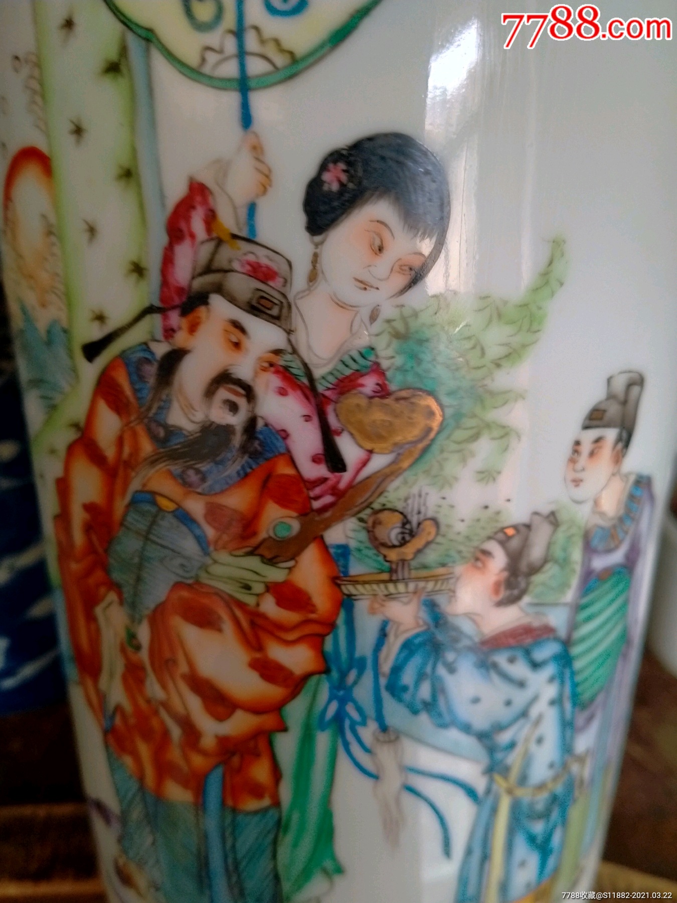 民国名家恭昌手绘硬地粉彩帽筒加官进爵人物图