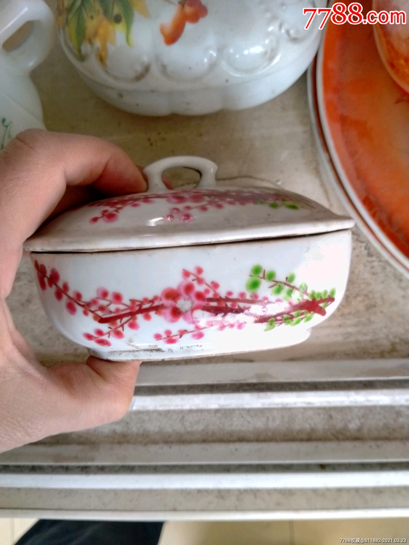 全品完好手绘梅花肥皂盒景德镇名瓷