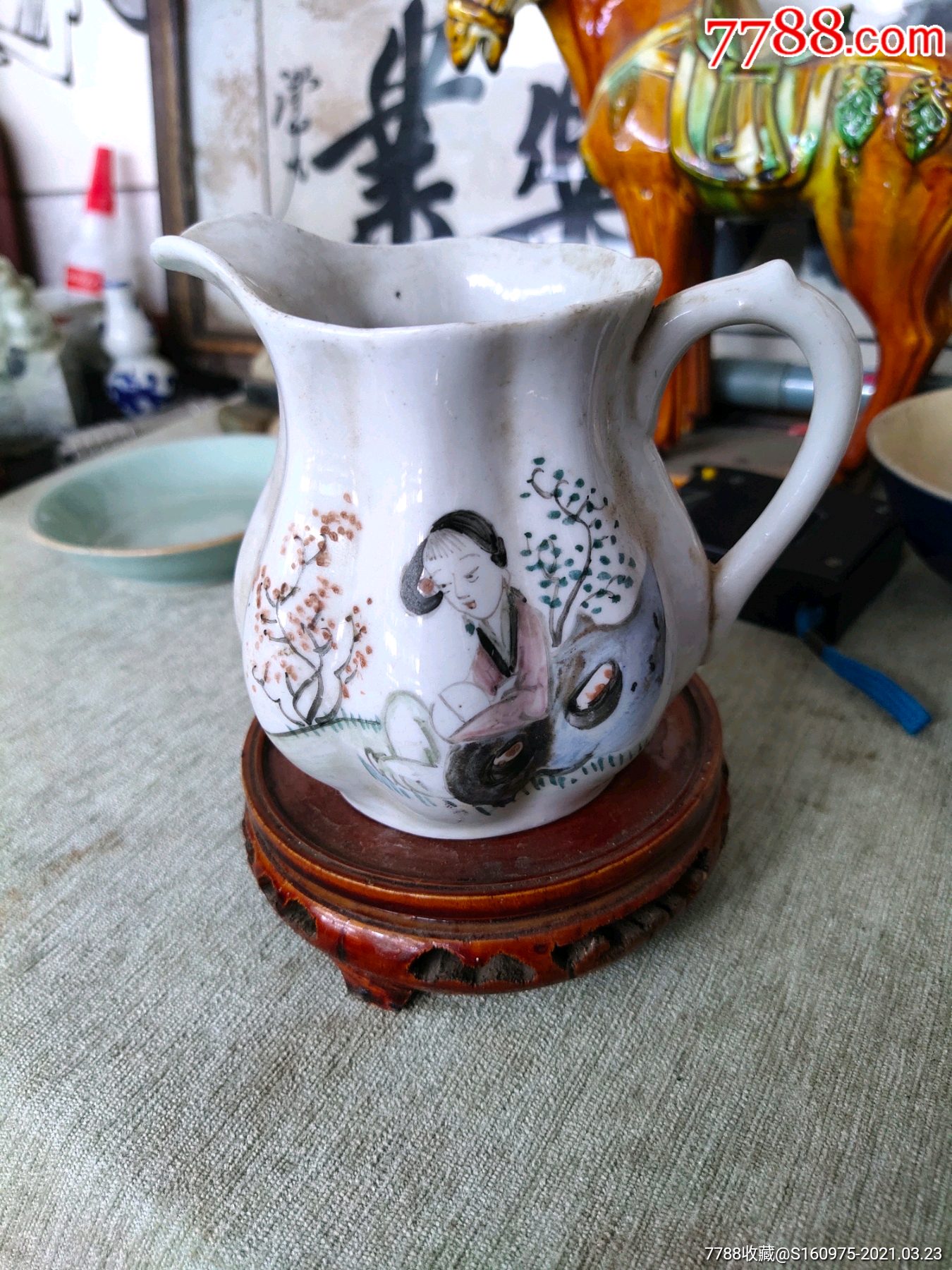 漂亮民国时期唐山启新瓷厂彩绘名家素心子(高生)彩绘仕女瓜棱牙杯