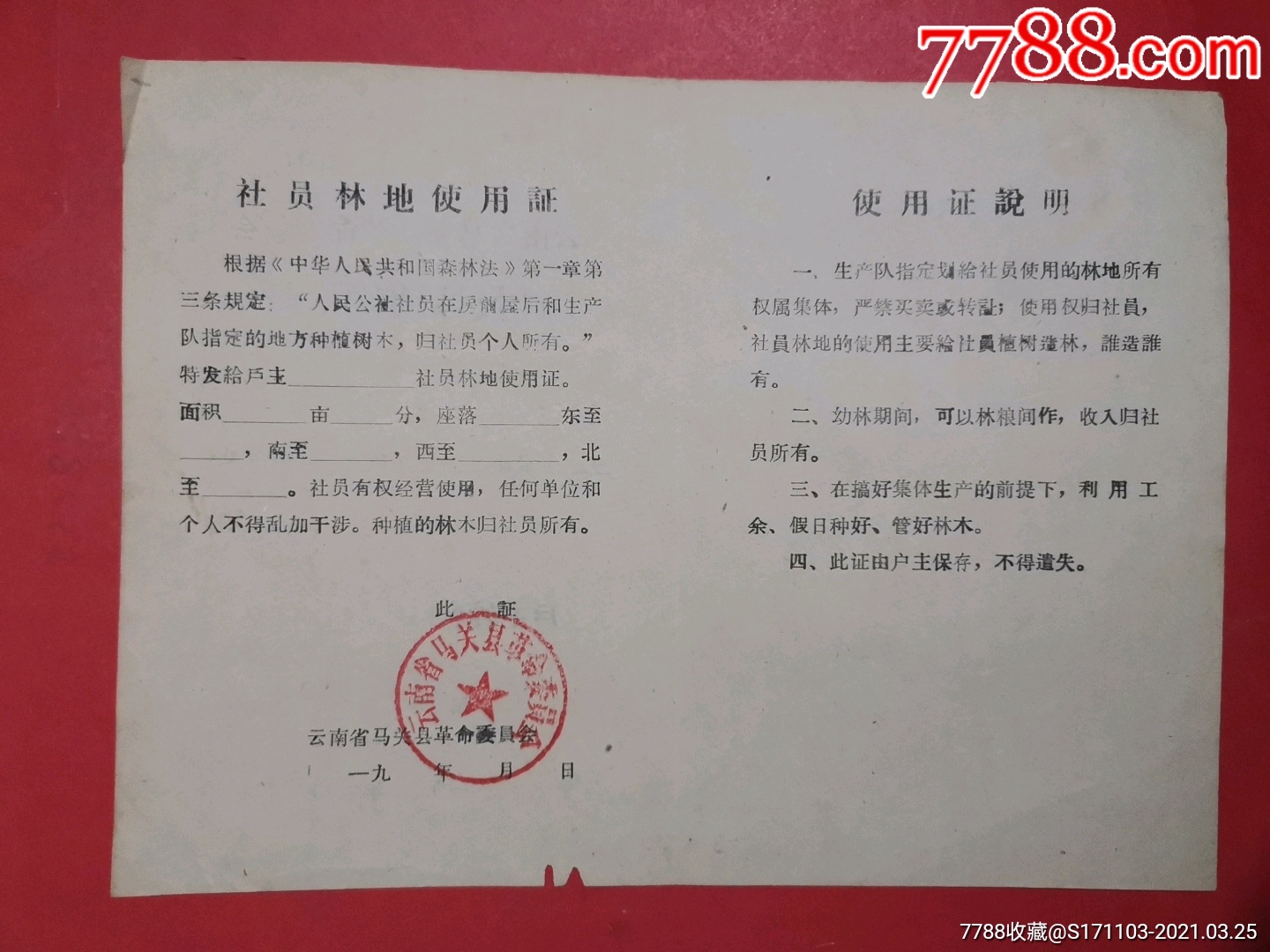 云南省马关县革命委员会社员林地使用证