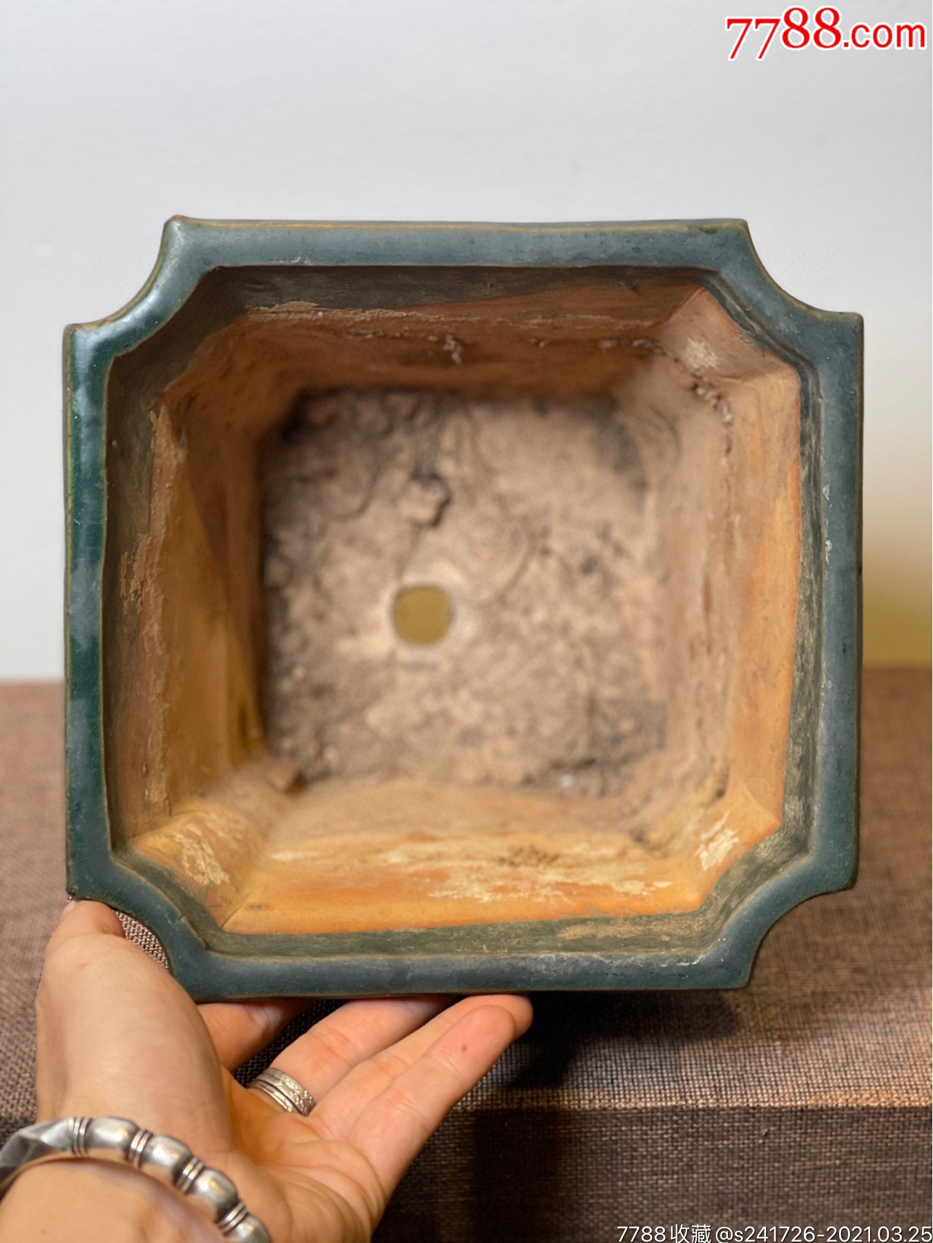 bf0127八十年代石湾窑四方倭角绿釉旧花盆