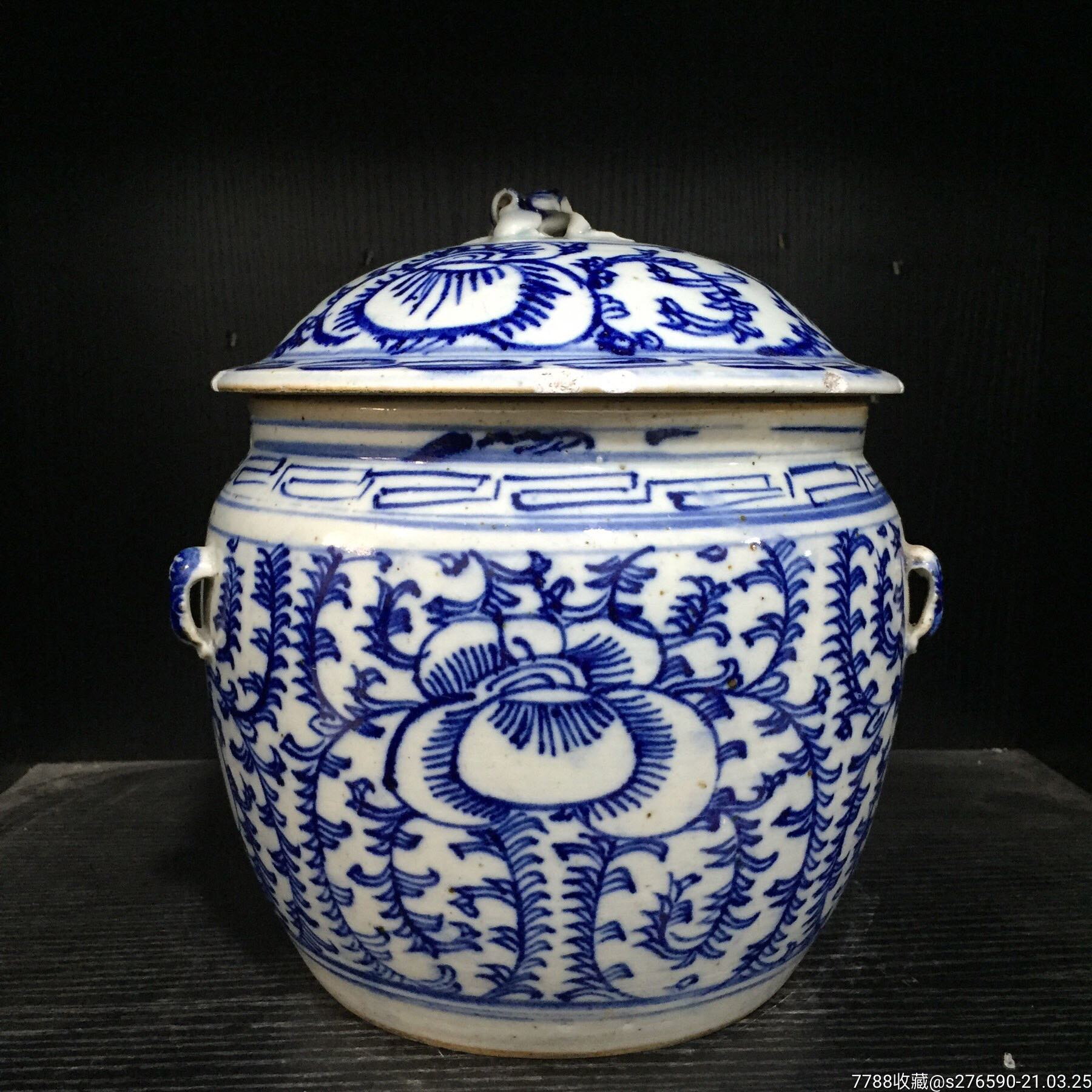 青花缠枝花卉纹粥罐盖罐