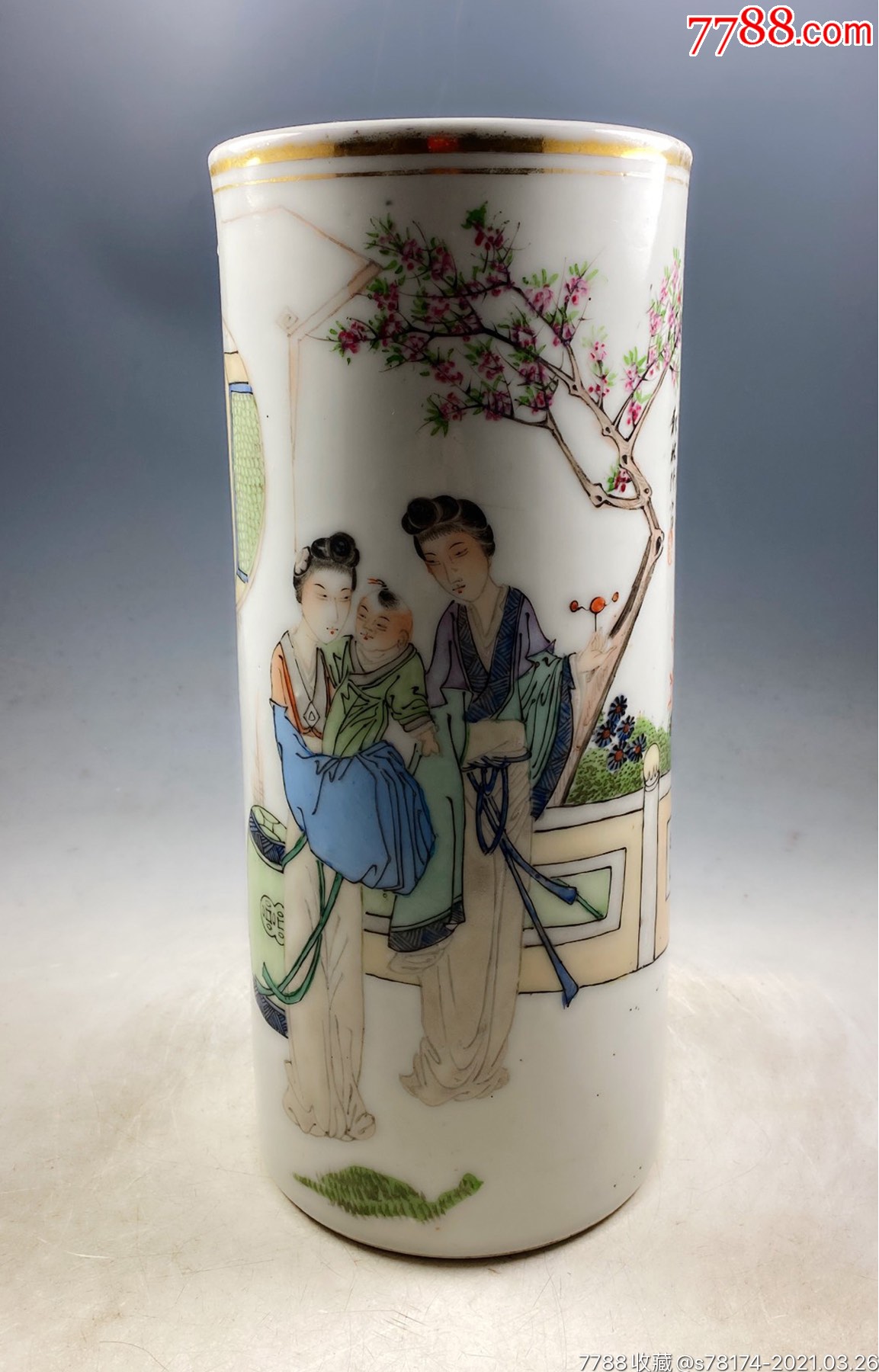 民国名家作品极细路人物故事粉彩帽筒近全品