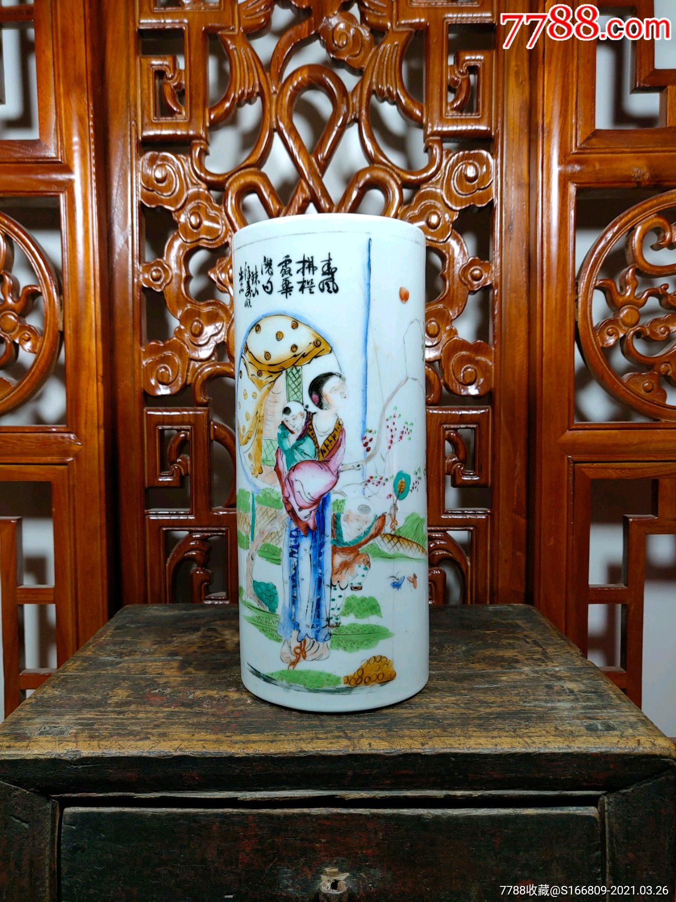 晚清民国名家徐万顺粉彩人物帽筒老瓷器