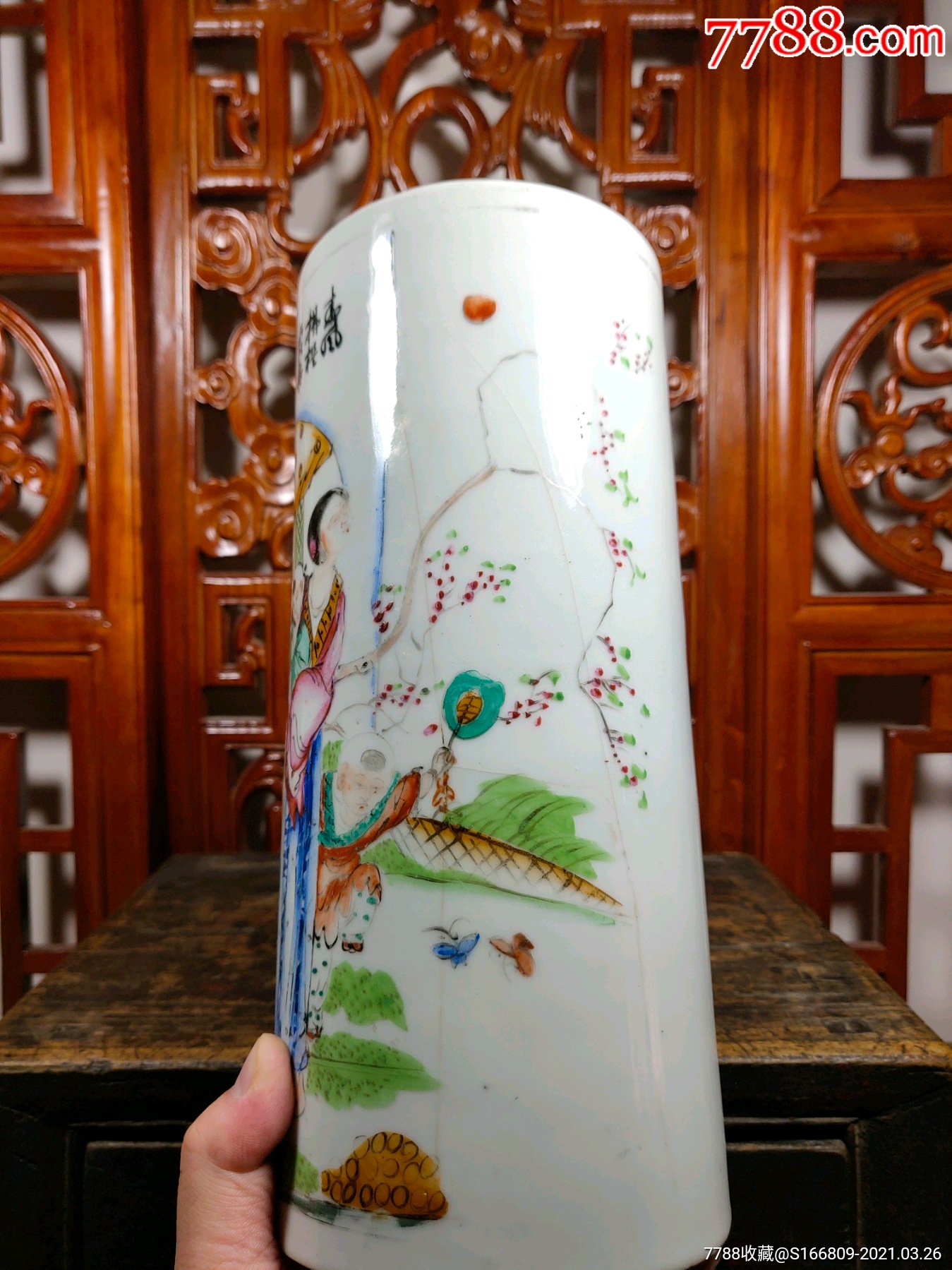 晚清民国名家徐万顺粉彩人物帽筒老瓷器