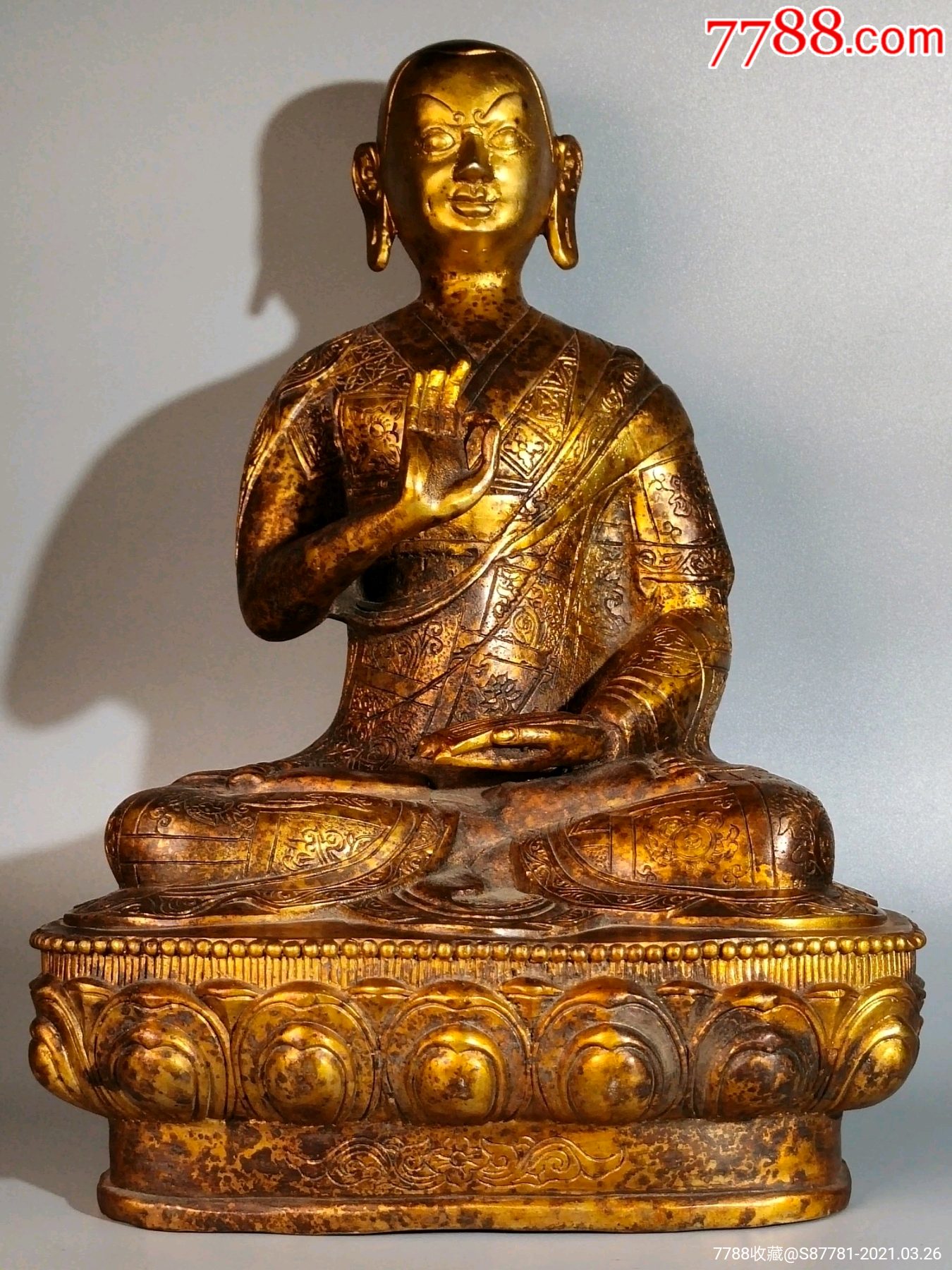 纯铜鎏金精工铸造观音光头佛-铜像/铜佛像-7788古币收藏