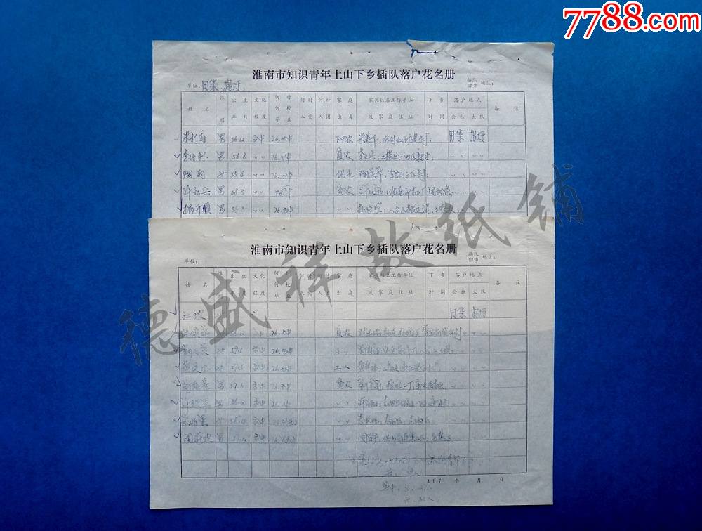 7x年安徽淮南市知识青年上山下乡插队落户花名册两张