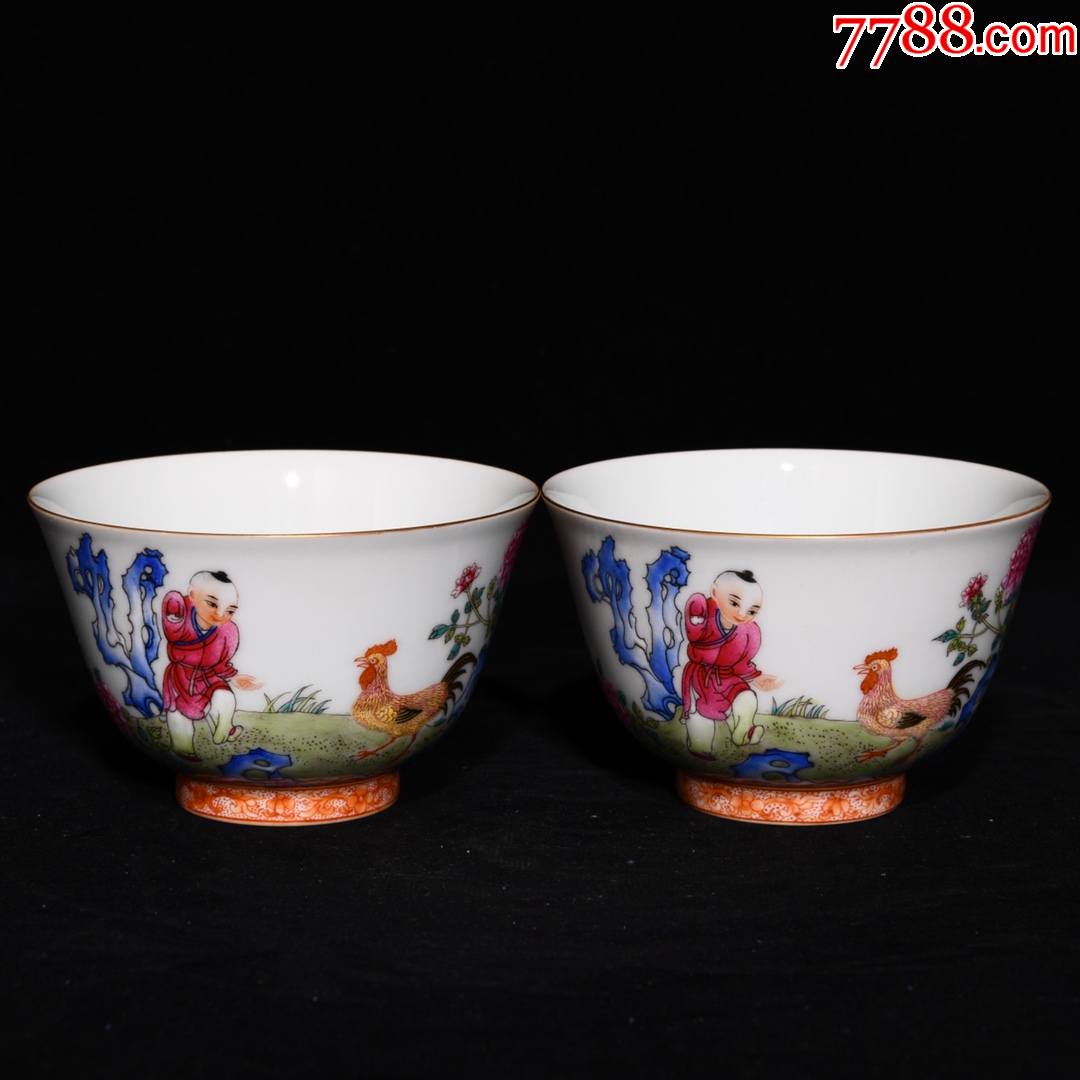 乾隆粉彩斗鸡图杯高59口径99现代工艺品