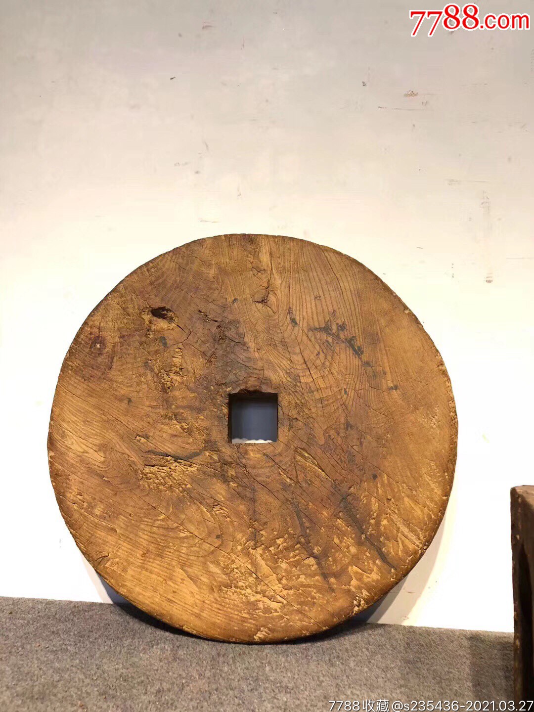 独木铜钱老榆木茶道台一木整出无裂风化肌理