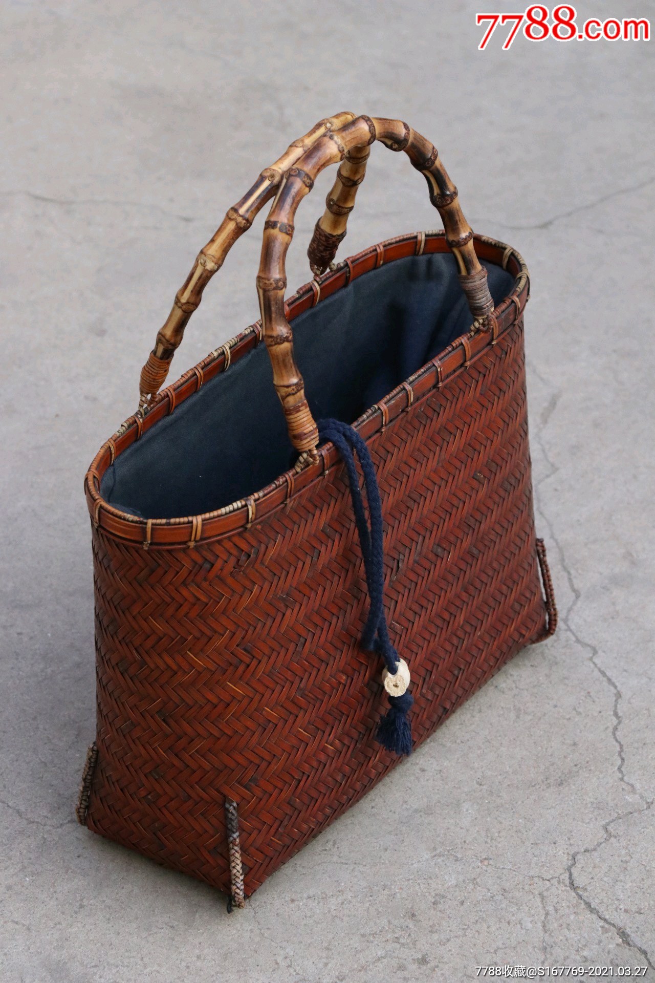 竹编提篮,整体细竹丝编制,提梁采用罗汉竹制做_其他生活用具【广通老