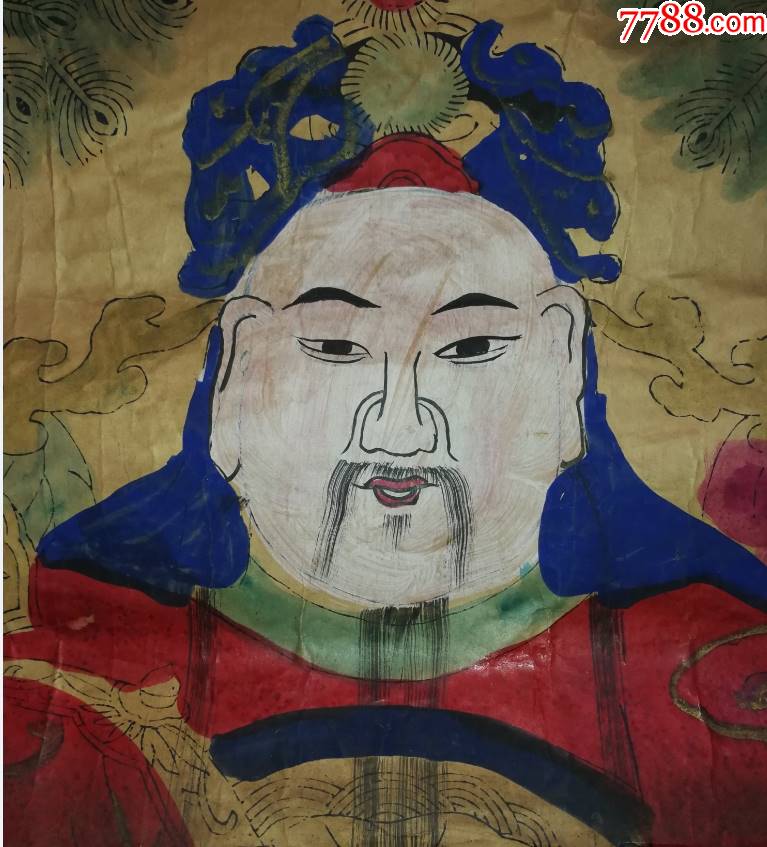 特价民国半印半画天官赐福聚宝盆财神图年画中堂包老保真少见品种